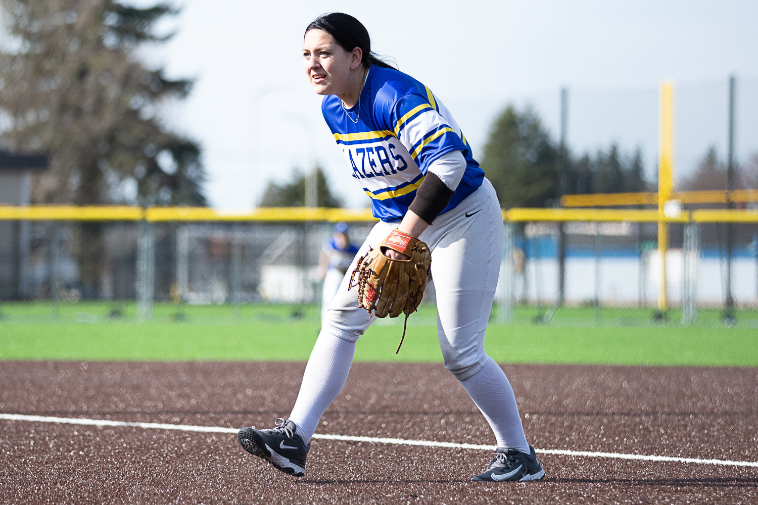Centralia College first baseman Kaylee Ashley gets ready before a pitch against Clark in Centralia March 17.