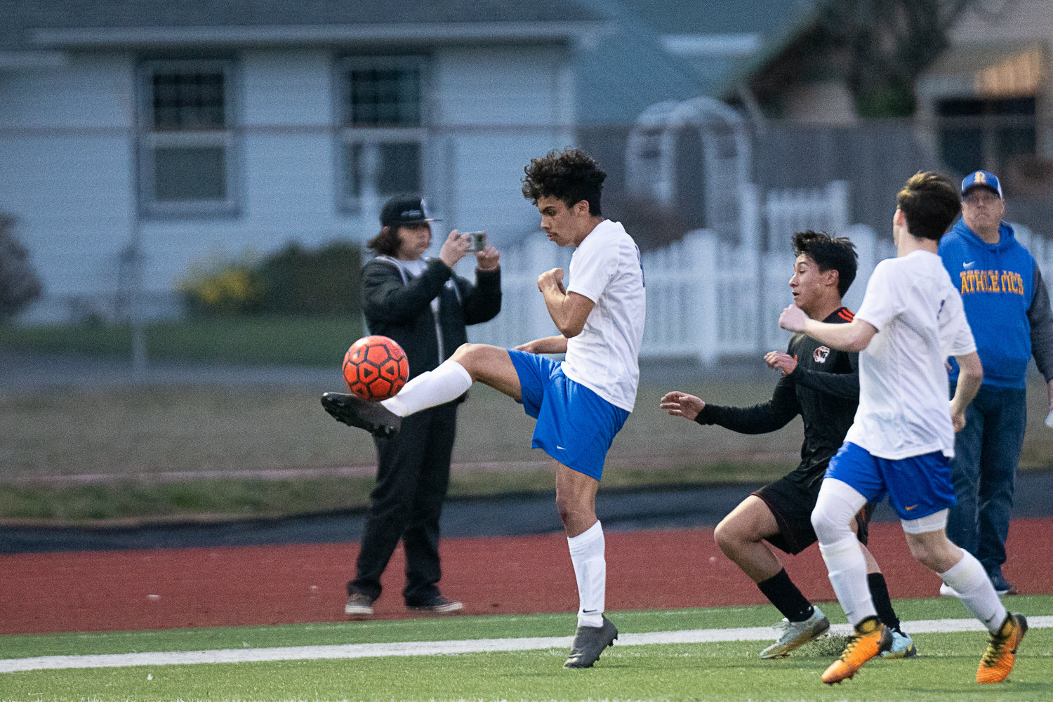 Rochester's Jeancarlo Gomez kicks the ball up during the first half of the Warriors' match at Centralia on March 17.