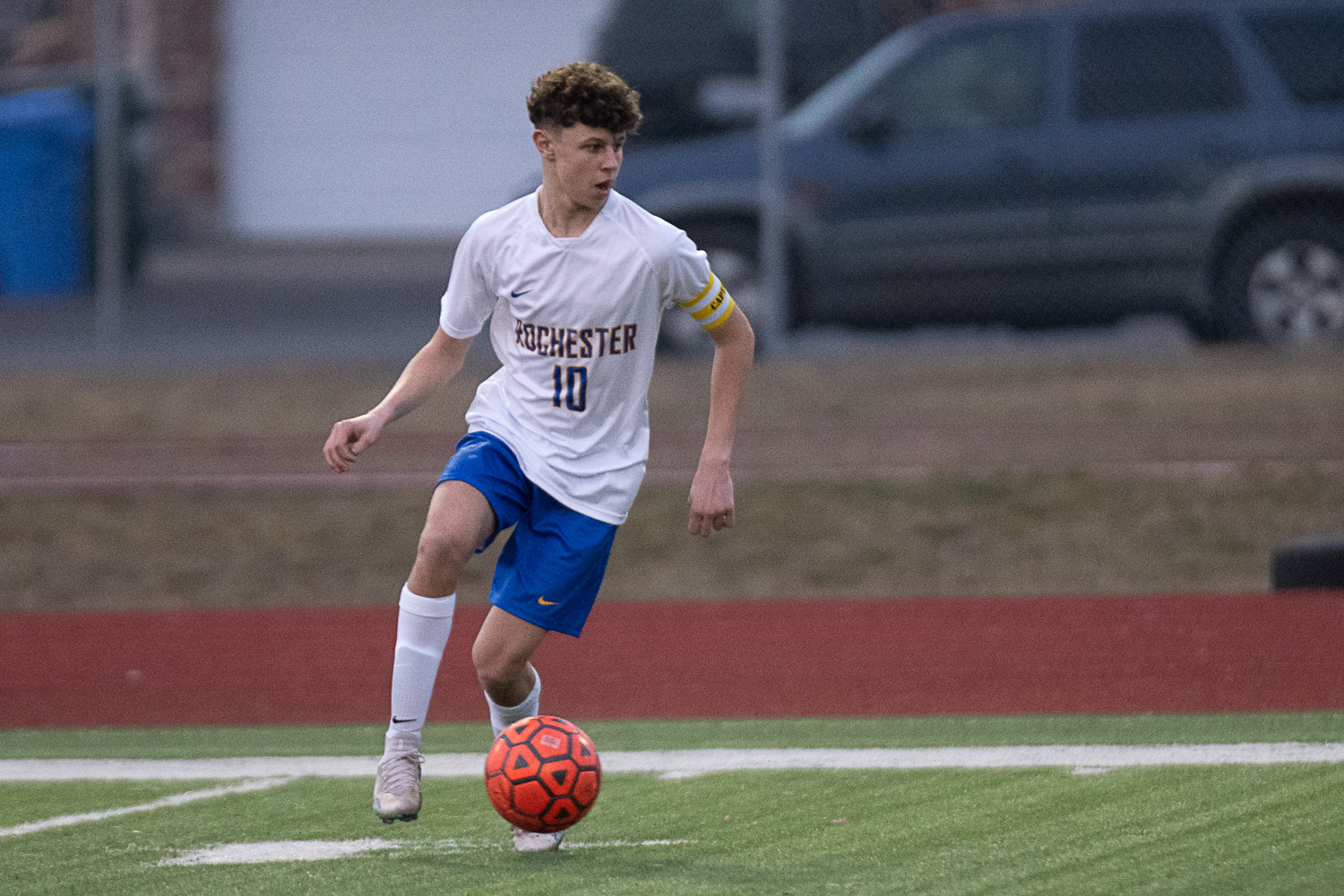 Gabriel Fernandez Sales takes the ball in possession during the first half of Rochester's match at Centralia on March 17.
