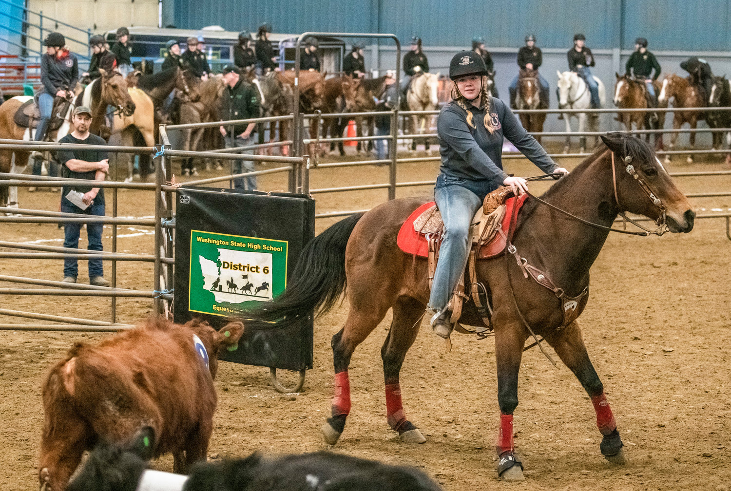 Mossyrock High School senior Reagan Olson competes in a cow sorting event where they competed for the W.F. West High School equestrian team during a district 6 meet on Sunday, March 19 at the Grays Harbor County Fairgrounds.