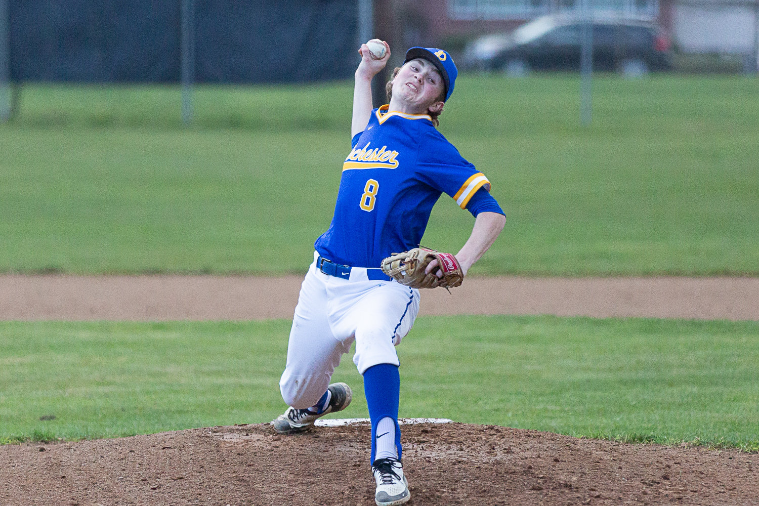 Hyde Parrish throws a pitch during the first inning of Rochester's 4-1 loss to W.F. West on March 22.
