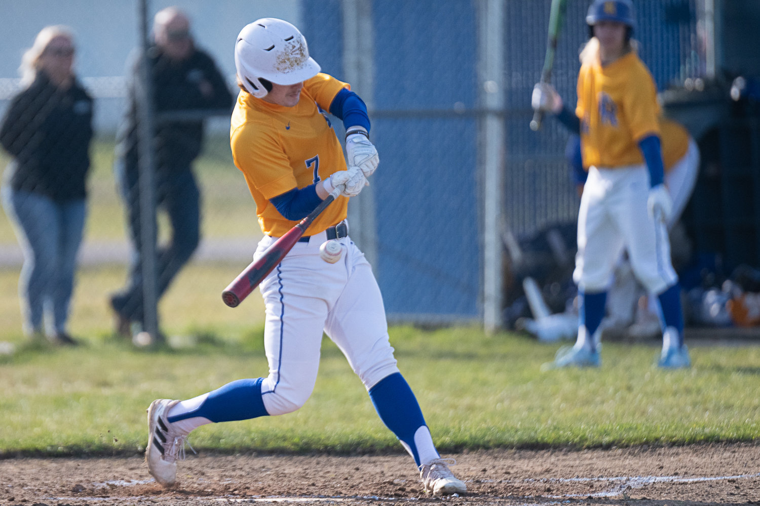 Braden Hartley hits a single in the bottom of the first inning of Rochester's 15-6 win over R.A. Long on March 16.