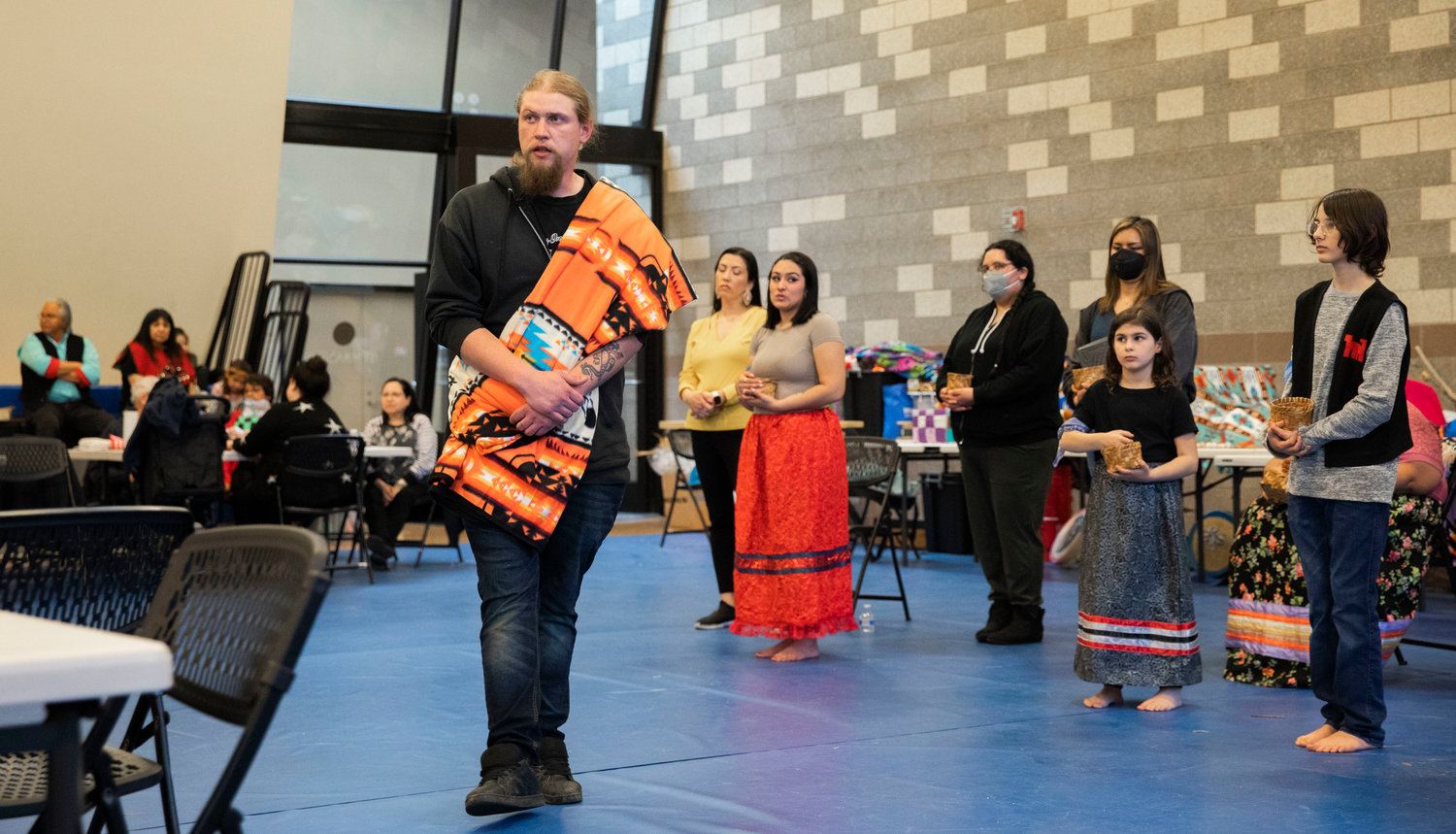Witnesses give words of advice during a ceremony honoring the Hazel Pete legacy at the Chehalis Tribe Community Center in Oakville on Saturday.