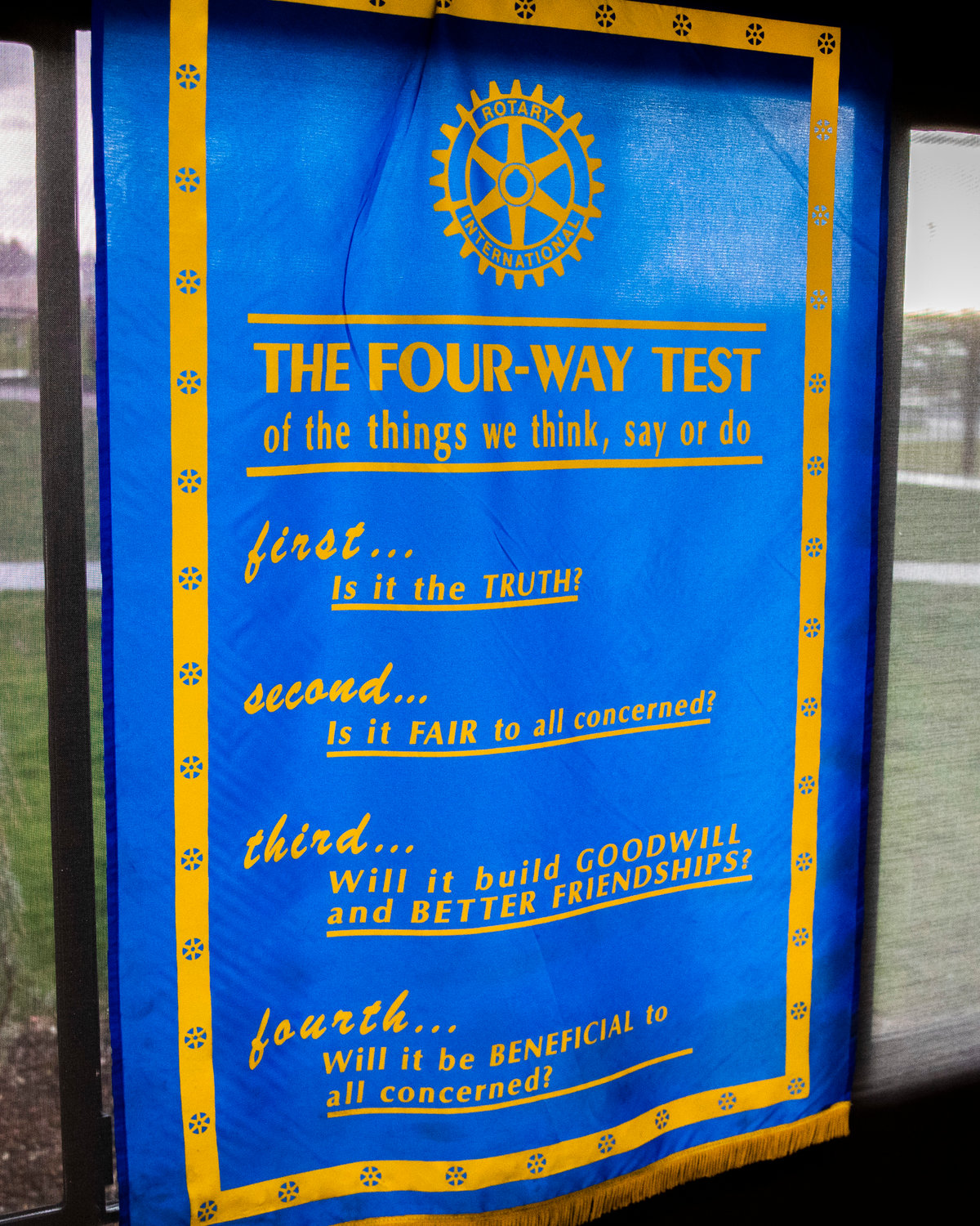 The “Four-Way Test,” sits on display during a Chehalis Rotary Club meeting inside the Virgil R. Lee Community Building in Chehalis on Wednesday.
