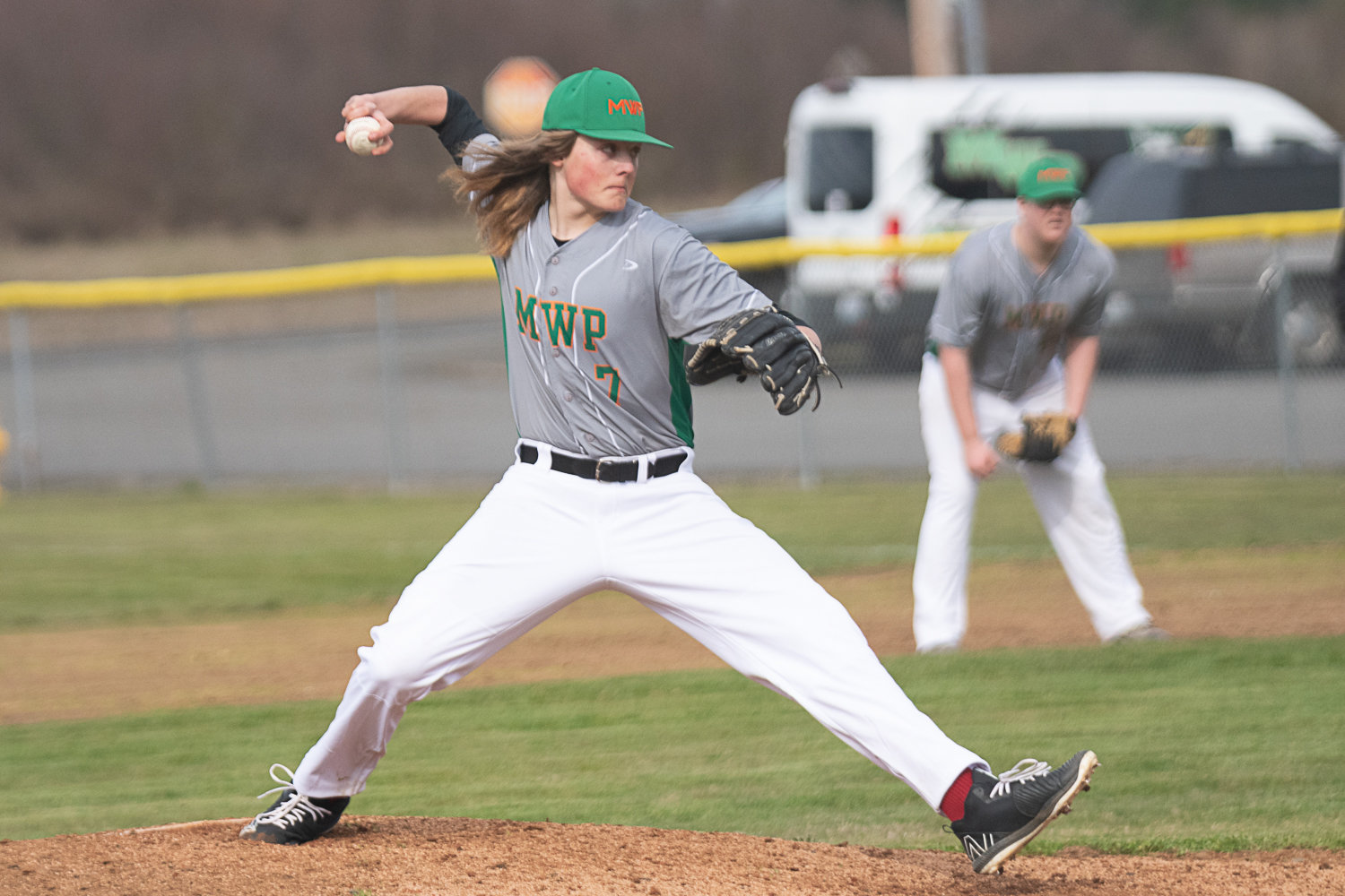 Race McKenzie throws a pitch during MWP's game against Winlock on March 27.