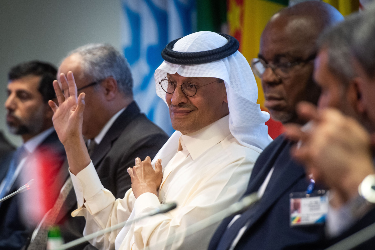 Saudi Arabia's Minister of Energy Abdulaziz bin Salman gestures during a press conference after the 45th Joint Ministerial Monitoring Committee and the 33rd OPEC and non-OPEC Ministerial Meeting in Vienna, Austria, on Oct. 5, 2022. (Vladimir Simicek/AFP/Getty Images/TNS)