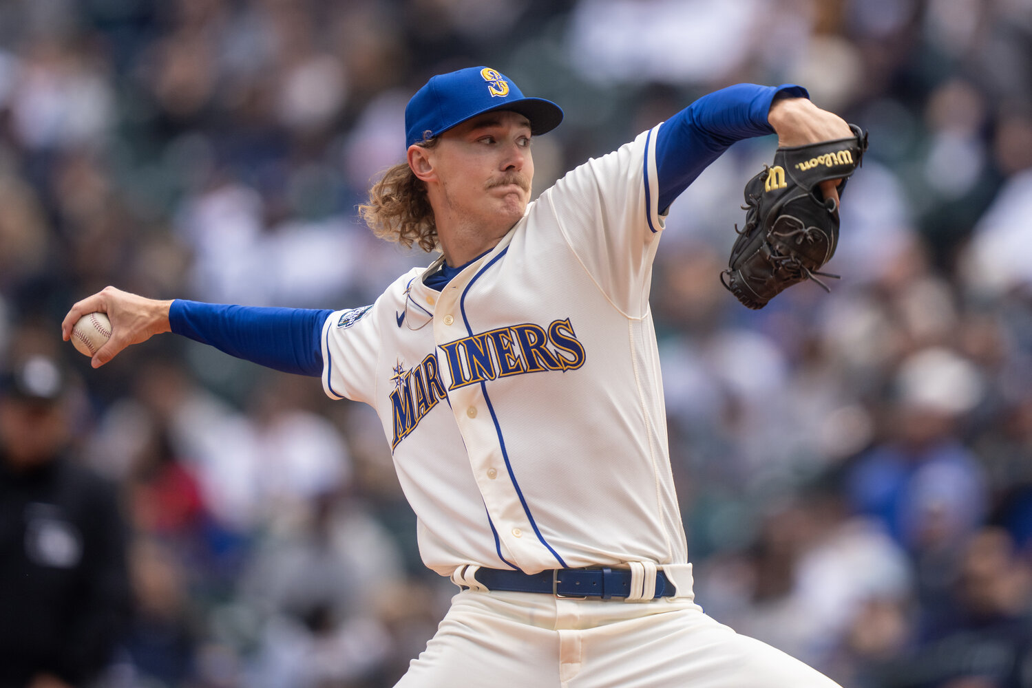 Starter Bryce Miller (50) of the Seattle Mariners delivers a pitch during the first inning against the Houston Astros at T-Mobile Park on May 7, 2023, in Seattle, Washington. (Stephen Brashear/Getty Images/TNS)
