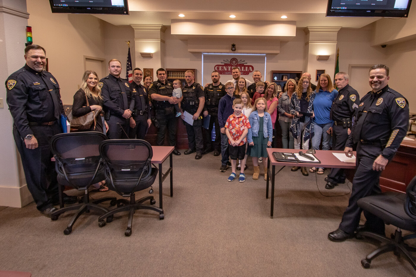 Members of the Centralia Police Department and their family members pose for a photo following the departments annual award ceremony Tuesday night at Centralia City Hall.