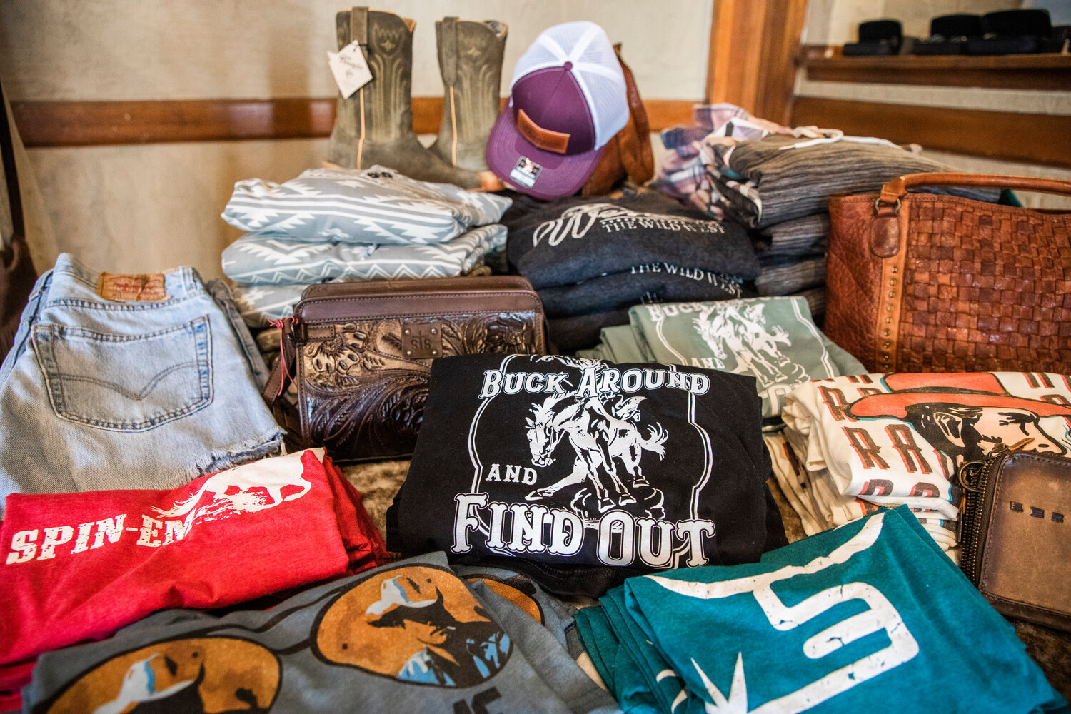 Western clothing and accessories sit on display inside Saddle Bum on Monday, May 8 in downtown Centralia.