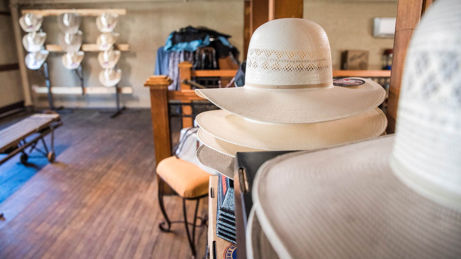 Hats sit on display inside Saddle Bum on Monday, May 8, in downtown Centralia.