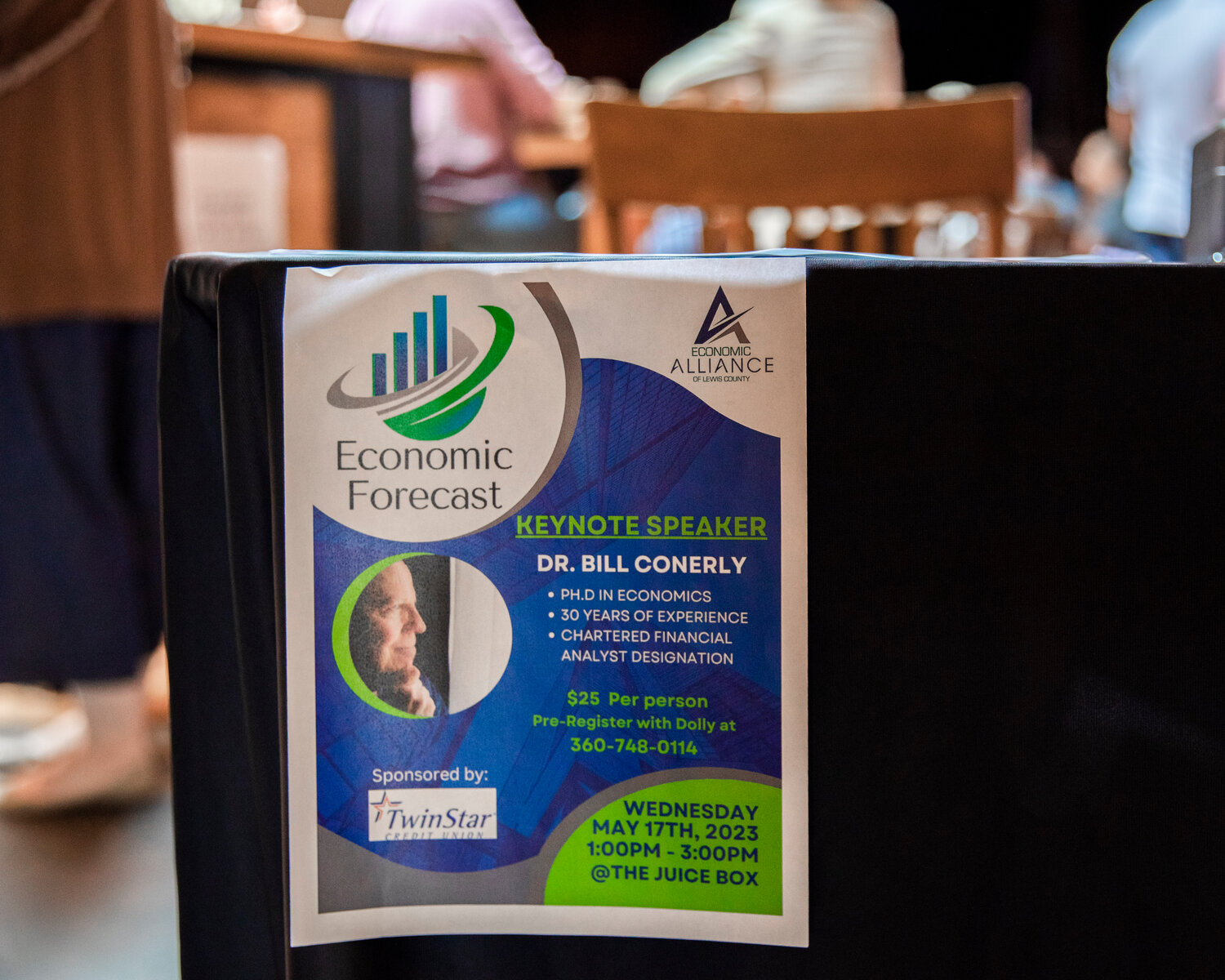 Dr. Bill Conerly gives an economic forecast for Lewis County during an event hosted by the Economic Alliance of Lewis County at The Juice Box in Centralia on Wednesday, May 17.