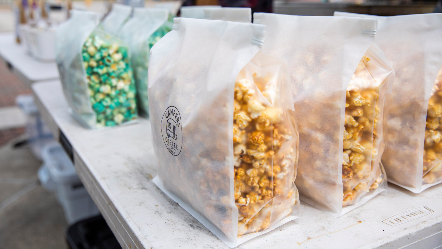 Popcorn from Campers Coffee Co. sits on display during Spring Fest at Centralia College on Tuesday, May 23. The annual event, which is open to Centralia College students at no cost, continues from 10 a.m. to 2 p.m. Thursday on the plaza and esplanade.