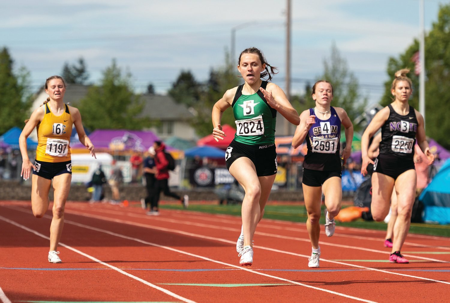 Tumwater's Annabelle Clapp finishes her 2A Girls 400 prelim in first at the 4A/3A/2A State Track and Field Championships on Friday, May 27, 2022, at Mount Tahoma High School in Tacoma. (Joshua Hart/For The Chronicle)