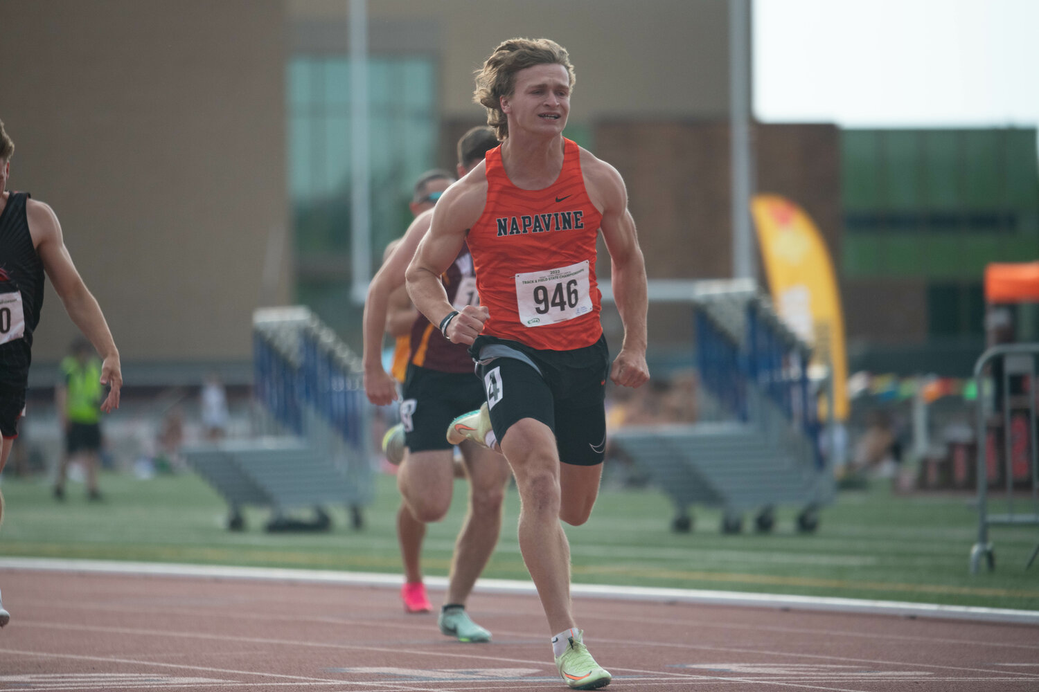 Napavine's Max O'Neill takes first in the first heat of the 100-meter dash prelims at the 2B state championships at Zaepfel Stadium in Yakima on May 25.