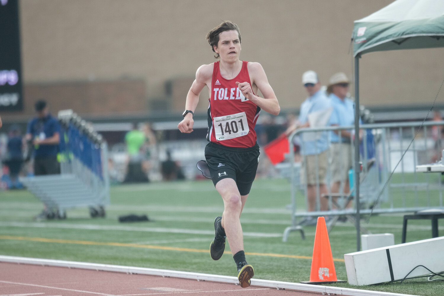 Toledo's Treyton Marty runs in the finals of the 1,600 meters at the 2B state championships at Zaepfel Stadium in Yakima on May 25.
