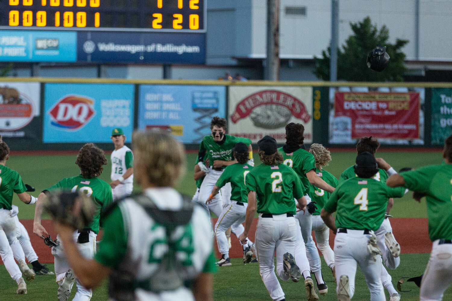 Tumwater sprints out on the bases to find Brayden Oram after his walk off hit against Lynden in the 2A state title game at Joe Martin Stadium in Bellingham May 27.