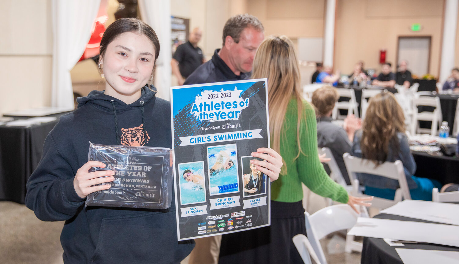 Centralia swimmer Chihiro Bringman smiles for a photo Tuesday evening during the “Athletes of the Year” banquet at the Jester Auto Museum. Bringman finished fourth at State for the 200 meter freestyle and fifth for the 500 meter freestyle after winning a pair of events at the district championships in Shelton.