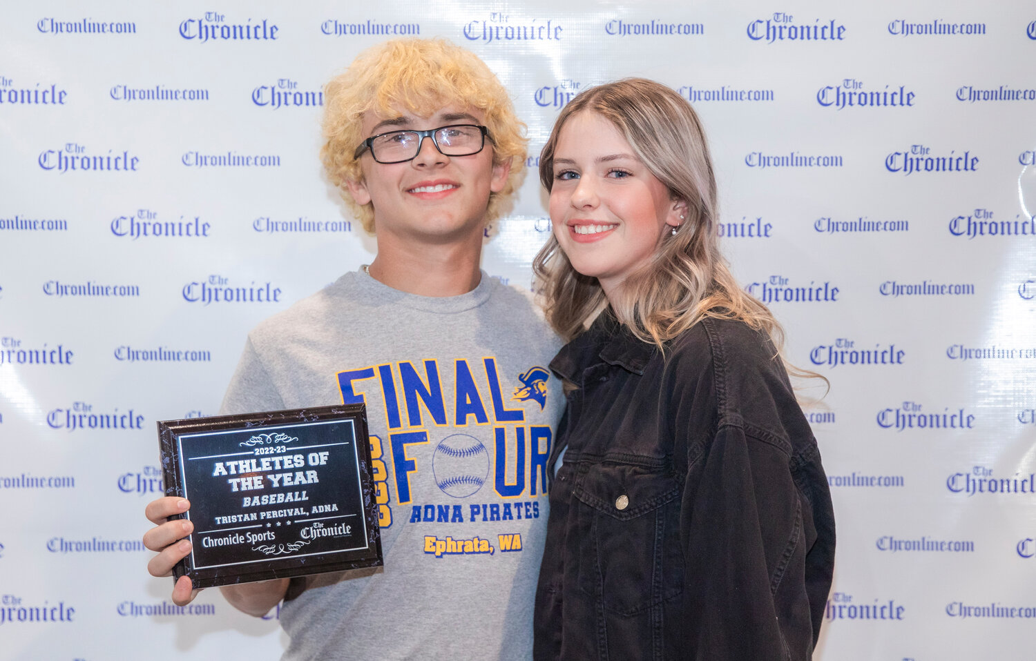 Adna’s baseball MVP Tristan Percival smiles for a photo with Emerson Nelson Tuesday evening during the “Athletes of the Year” banquet at the Jester Auto Museum. Adna’s ace on the hill got better as the spring went on, leading the Pirates to two wins in the district tournament with two near-complete games that saw him surrender just three total hits. Then, Percival one-upped himself in the first round of the State tournament, coming an out shy of a no-hitter against Cle Elum-Roslyn in a 17-strikeout performance.