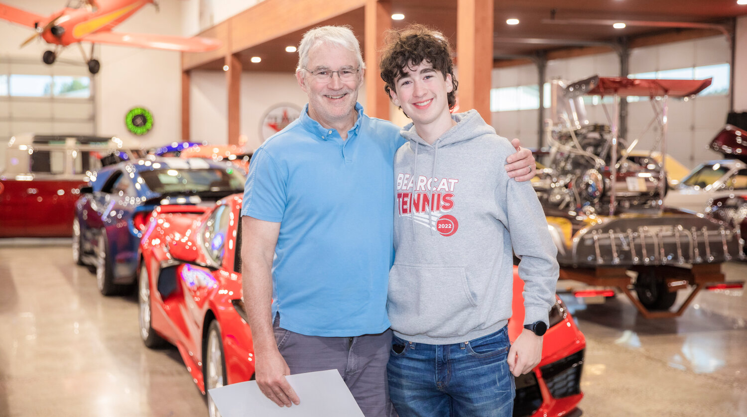 W.F. West tennis standout Bryce Kuykendall smiles for a photo with his dad Rick Tuesday evening during the “Athletes of the Year” banquet at the Jester Auto Museum.