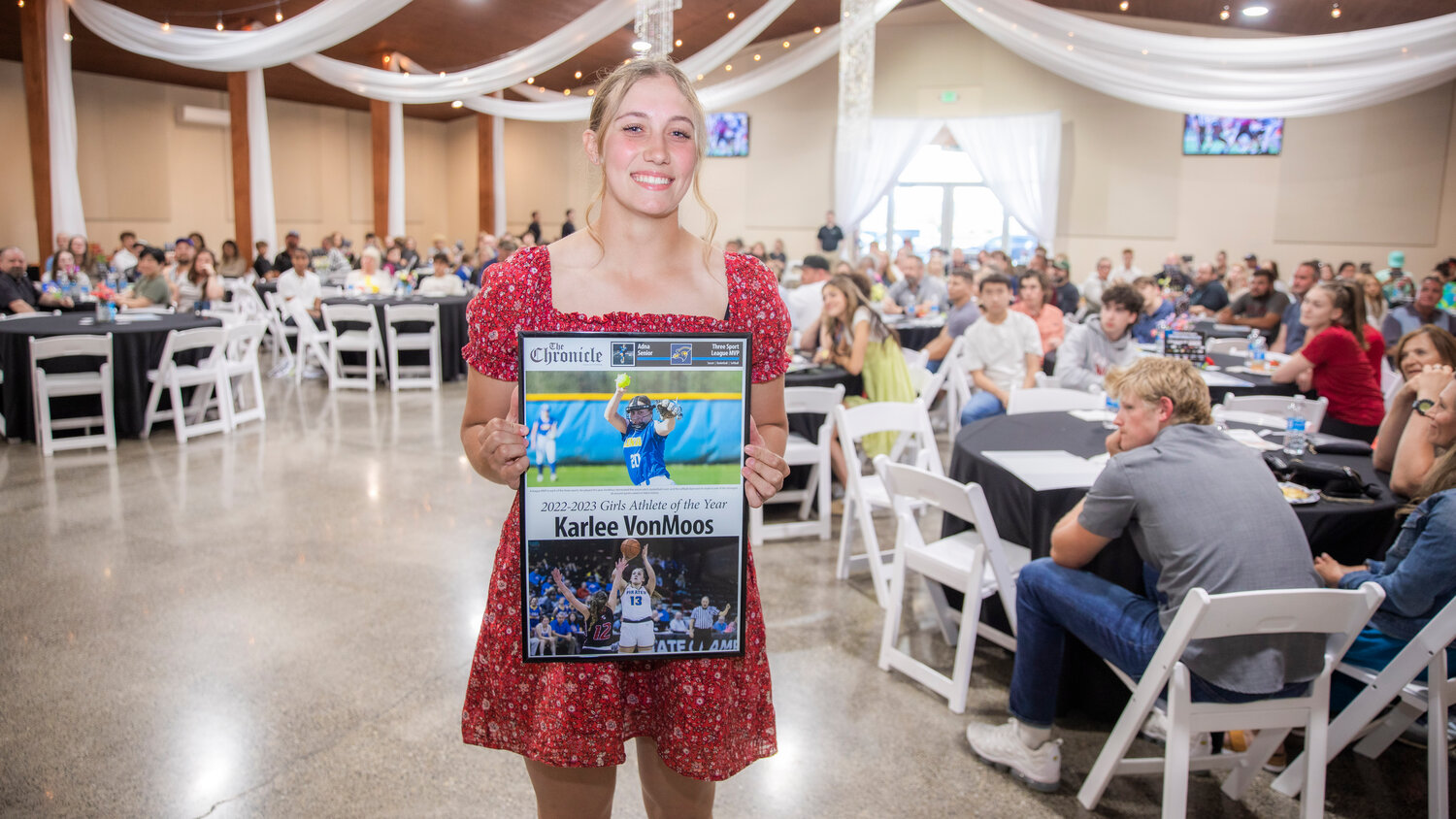Adna’s Karlee VonMoos, a league MVP in each of the three sports she played this year, smiles for a photo Tuesday evening during the “Athletes of the Year” banquet at the Jester Auto Museum. VonMoos dominated the soccer pitch, basketball court and the softball diamond en route to one of the strongest all around sports careers in Adna.