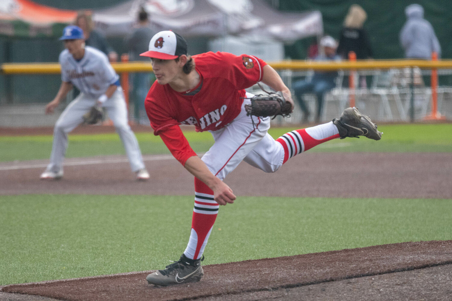 Tenino's Brody Noonan follows through on a pitch during the 45th annual Southwest Washington Senior All-Star Game, May 31 at Story Field in Longview.