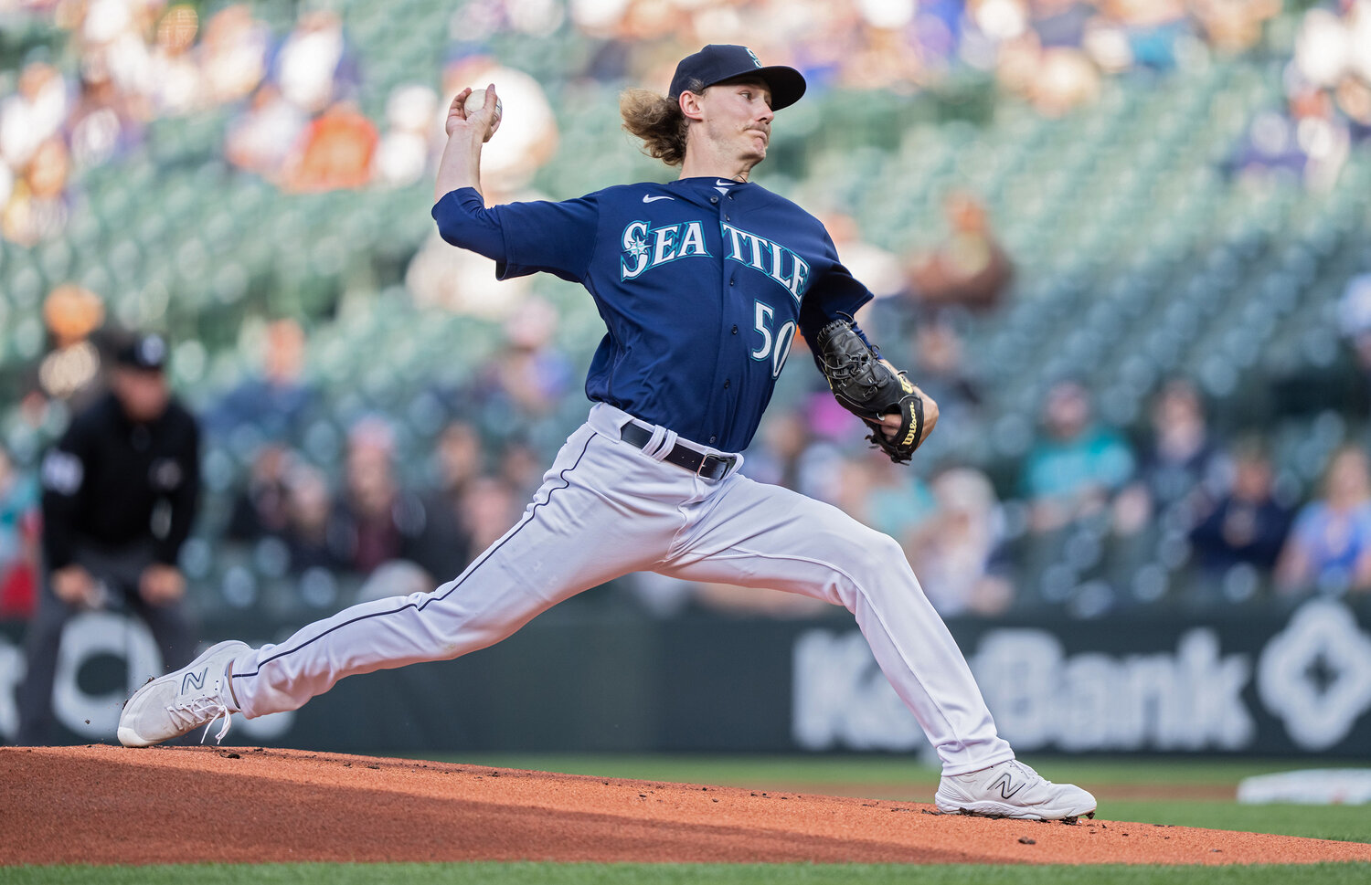Bryce Miller of the Seattle Mariners pitches during the first inning against the Oakland Athletics at T-Mobile Park on Wednesday, May 24, 2023, in Seattle. (Stephen Brashear/Getty Images/TNS)