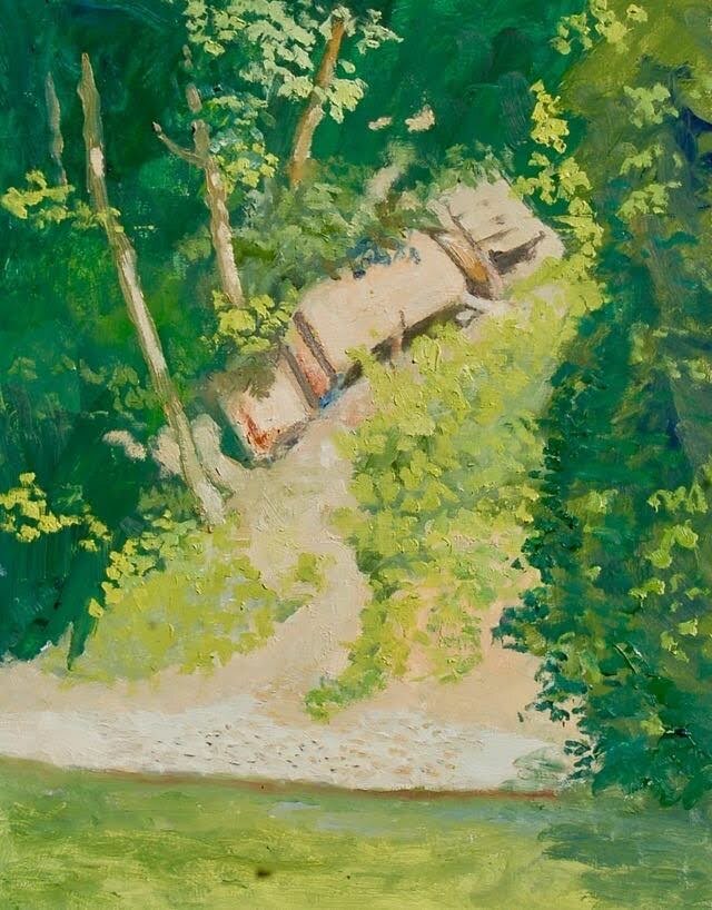 "Holding Up the Bank" by Charlie Funk, shows one of the old cars dumped onto the bank of the Chehalis River in the mid-20th century as riprap. This is from a series of paintings of the Willapa Hills Trail, which will be on display at the Market Street Bakery for the month of July.
