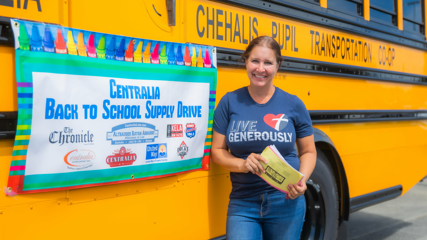 Holly Abbarno smiles for a photo during the Centralia Back-to-School Supply Drive in August 2022.
