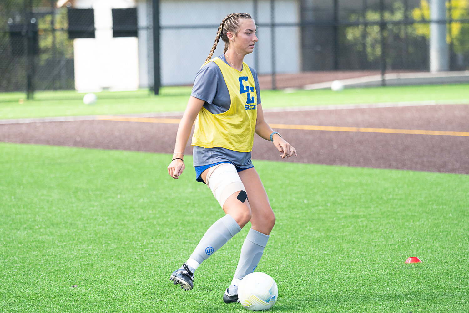 Abby Hansen passes the ball during a drill at the Centralia College women's soccer team's practice on Monday, Aug. 7.
