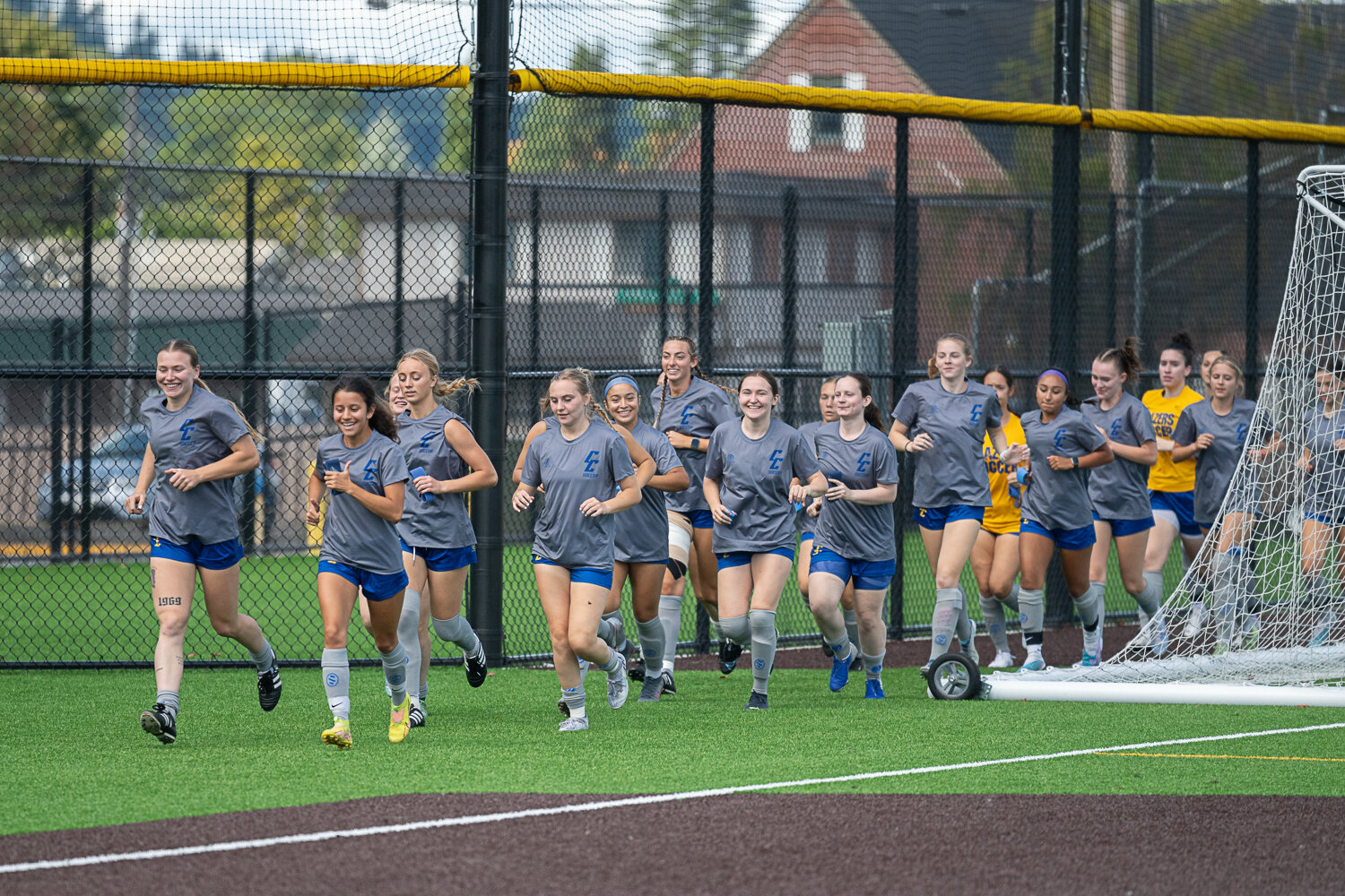 The Centralia College women's soccer team goes on a run before practice on Monday, Aug. 7,