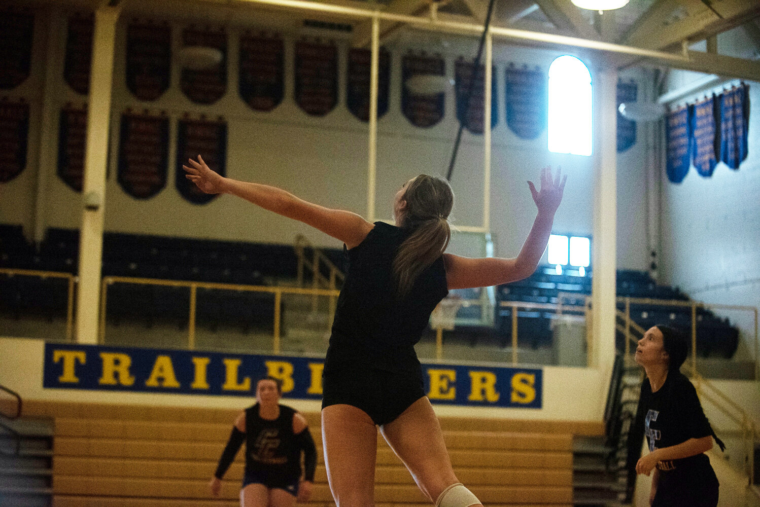 Morgan Rogerson leaps to spike the ball during the Centralia College volleyball team's practice on Aug. 9.