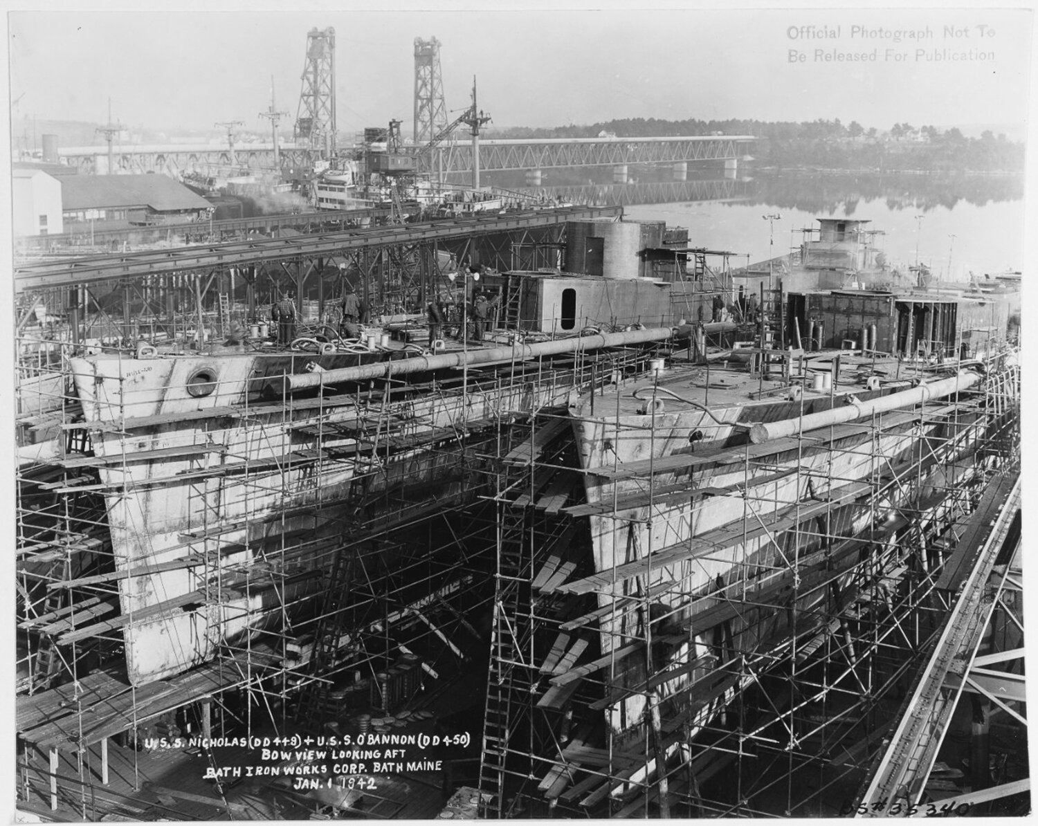 The U.S.S. Nicholas, left, and U.S.S. O'Bannon, right, are pictured under construction together at Bath Iron Works in Maine on Jan. 1, 1942. Photo courtesy the National Archives.