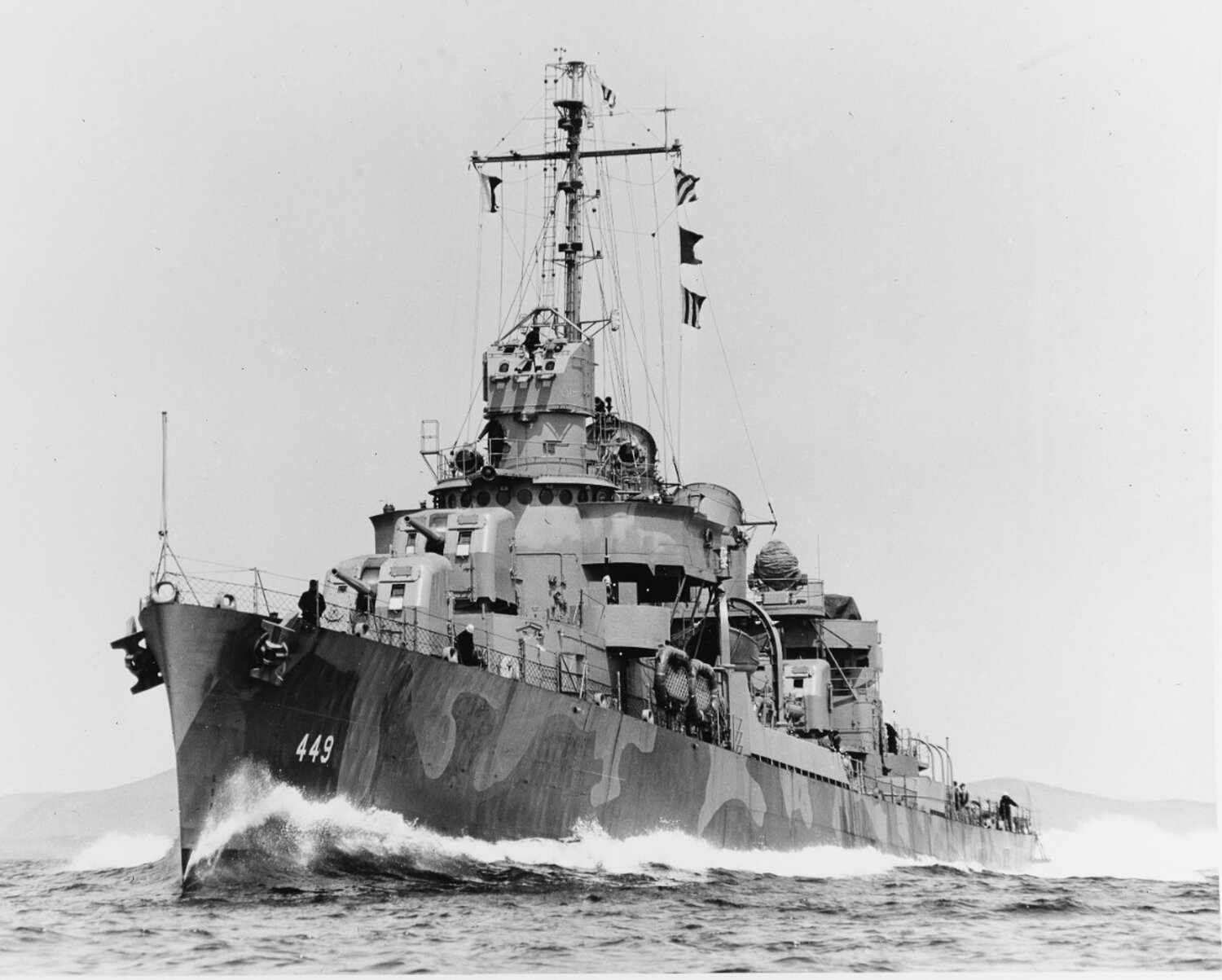 The U.S.S. Nicholas, DD-449, is pictured during its sea trials in the Atlantic Ocean off the shore of Maine on May 28, 1942. Photo courtesy the National Archives.
