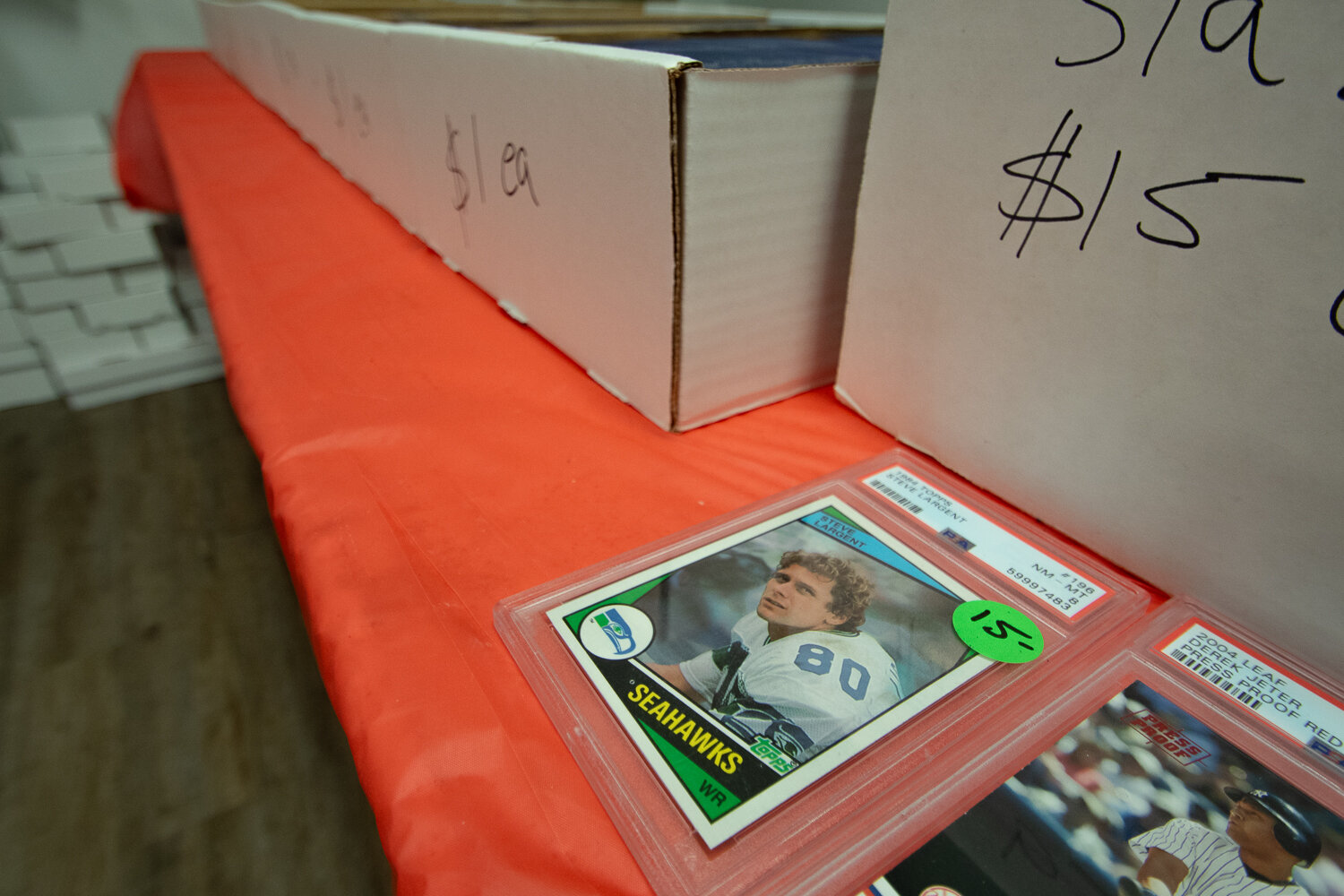 A graded 1984 Topps Steve Largent card sits for sale at the first Keiper's Cards and Memorabilia Show at the Tower Mall, located at 320 N. Tower Ave. in Centralia, on Saturday, Sept.