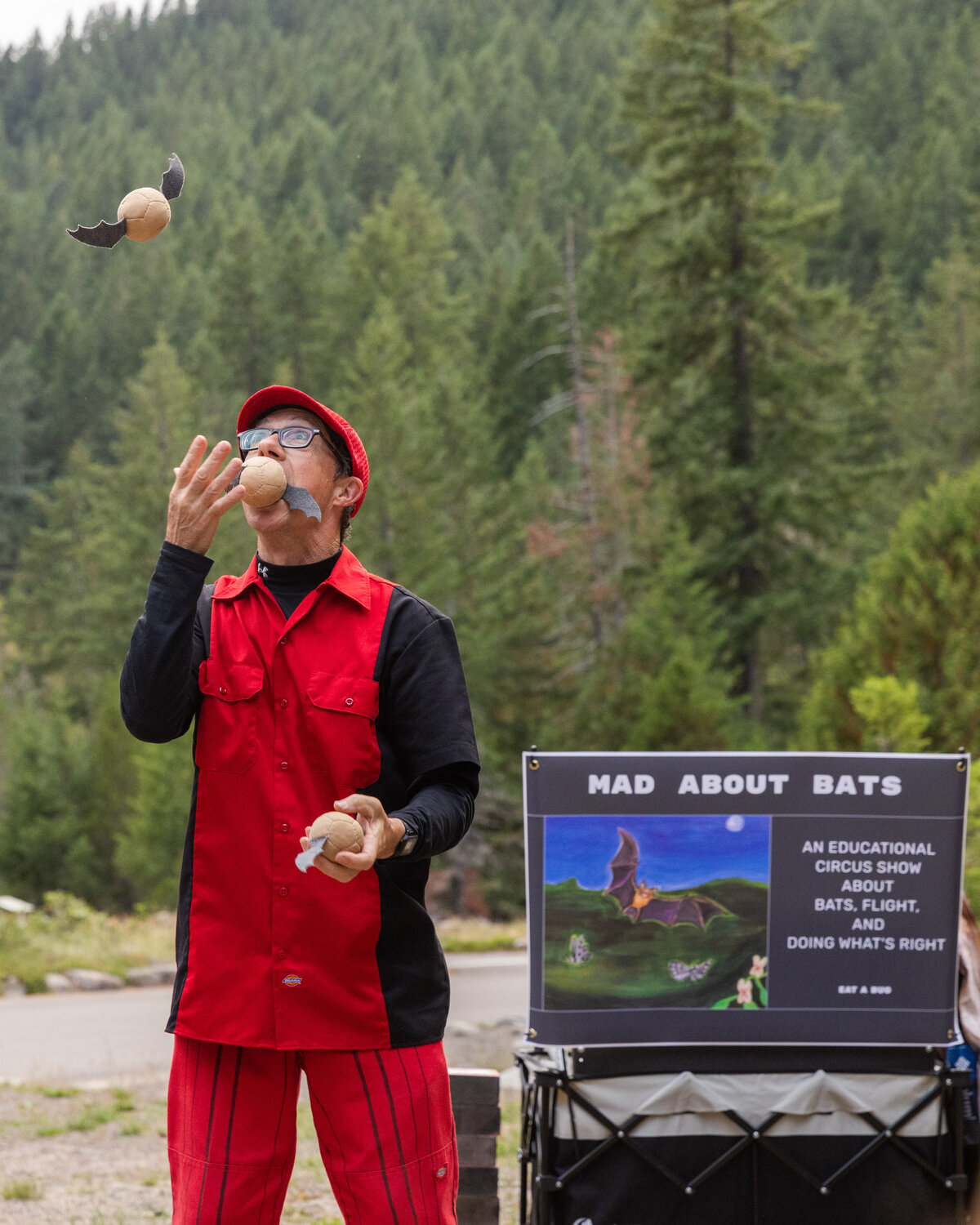 JuggleMania’s Rhys Thomas throws balls with wings into the air during a Vaudeville-esque show about bats at Mount Rainier National Park on Tuesday, Sept. 12.