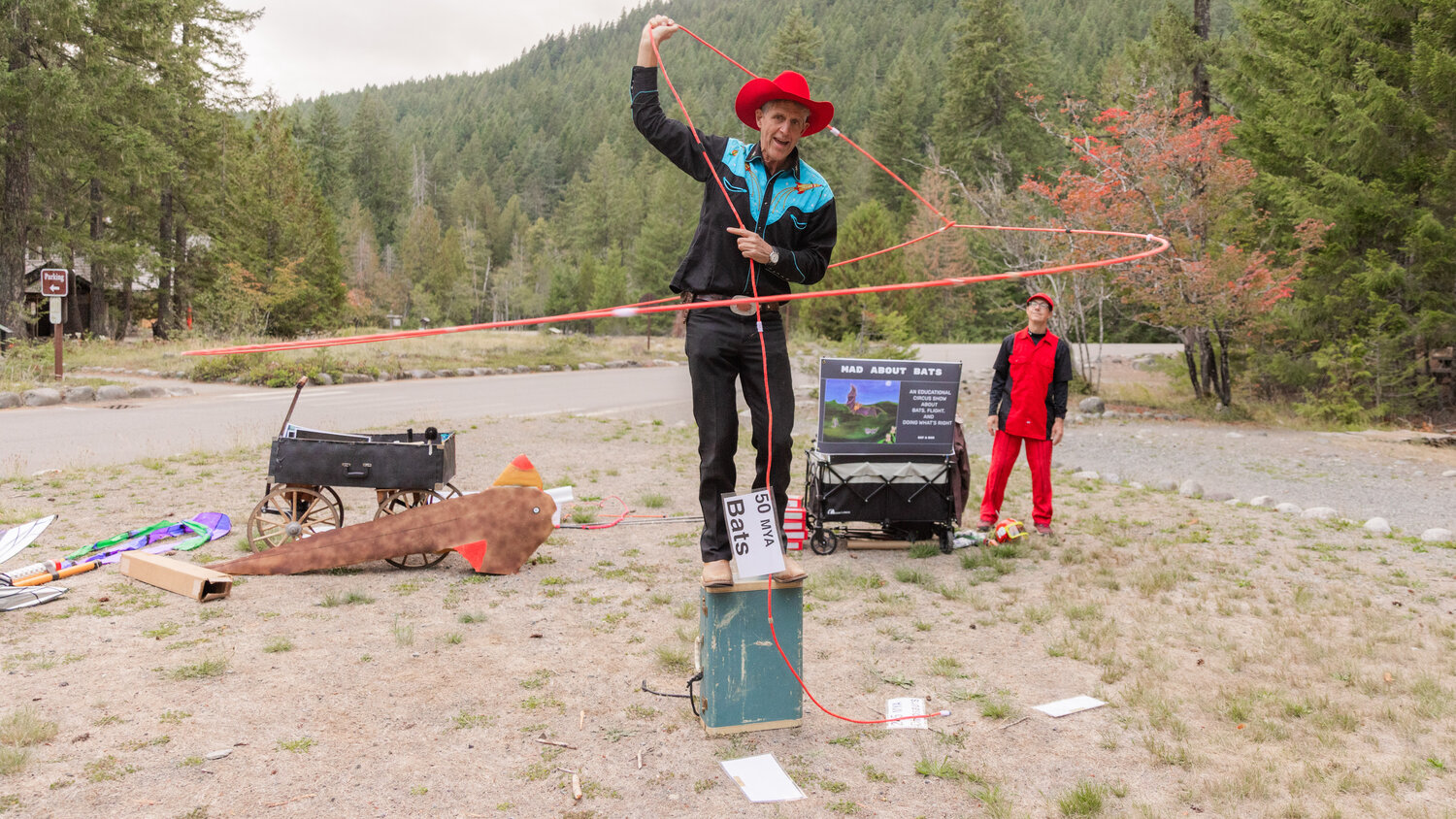 David Lichtenstein spins a lasso while talking about when the first fossils of bats formed during a Vaudeville-esque show at Mount Rainier National Park on Tuesday, Sept. 12.