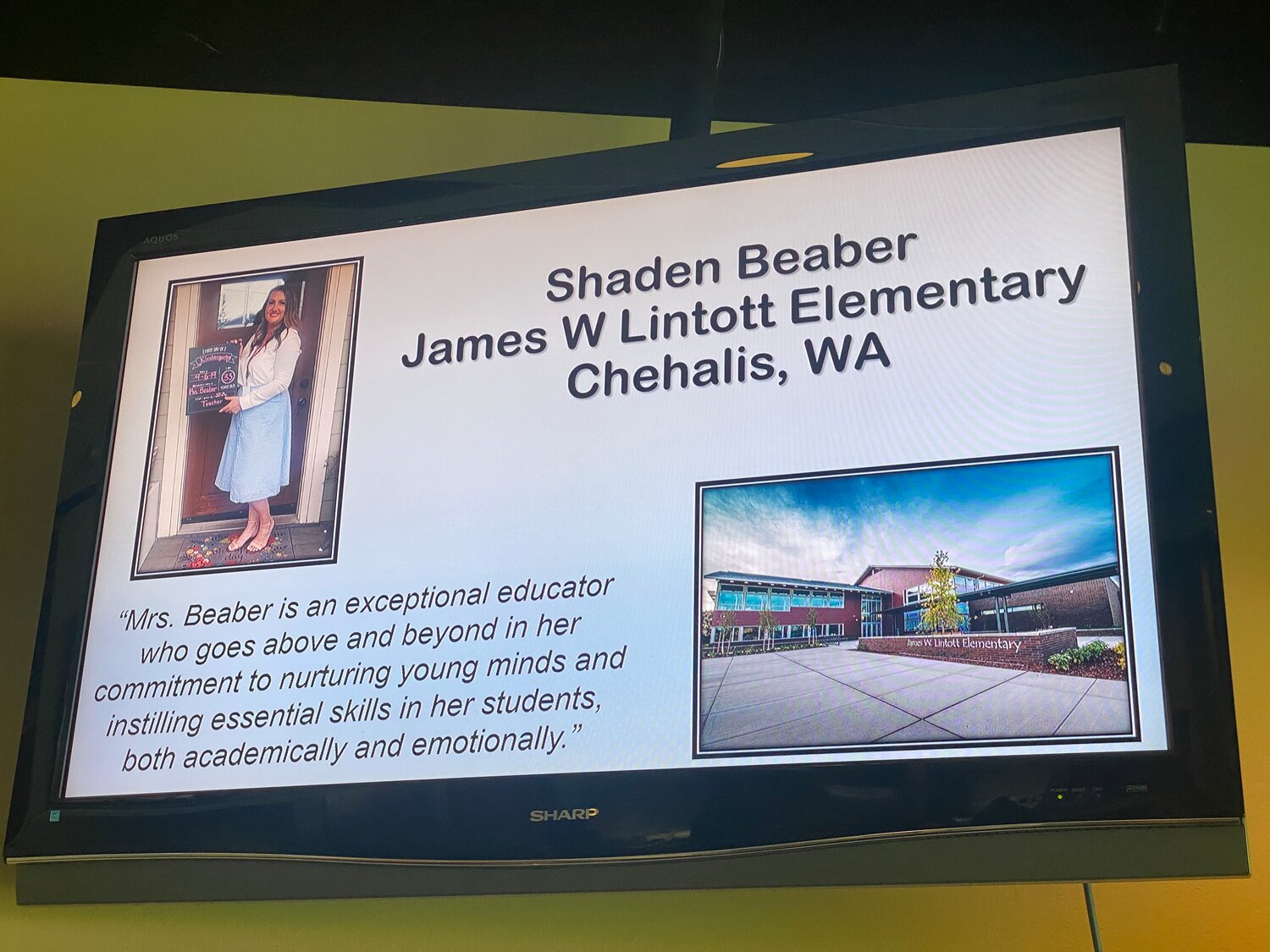 Shaden Beaber was honored at a Seattle Mariners game on Aug. 27 and received a $1,000 award, $500 of which went to Lintott Elementary School as a classroom grant.