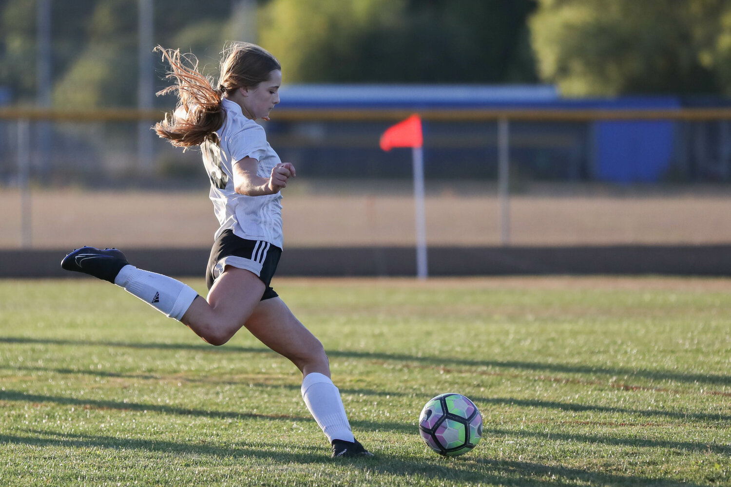 Hannah Fay fires a shot during the first half of Napavine's 1-1 draw with Adna on Sept. 20.