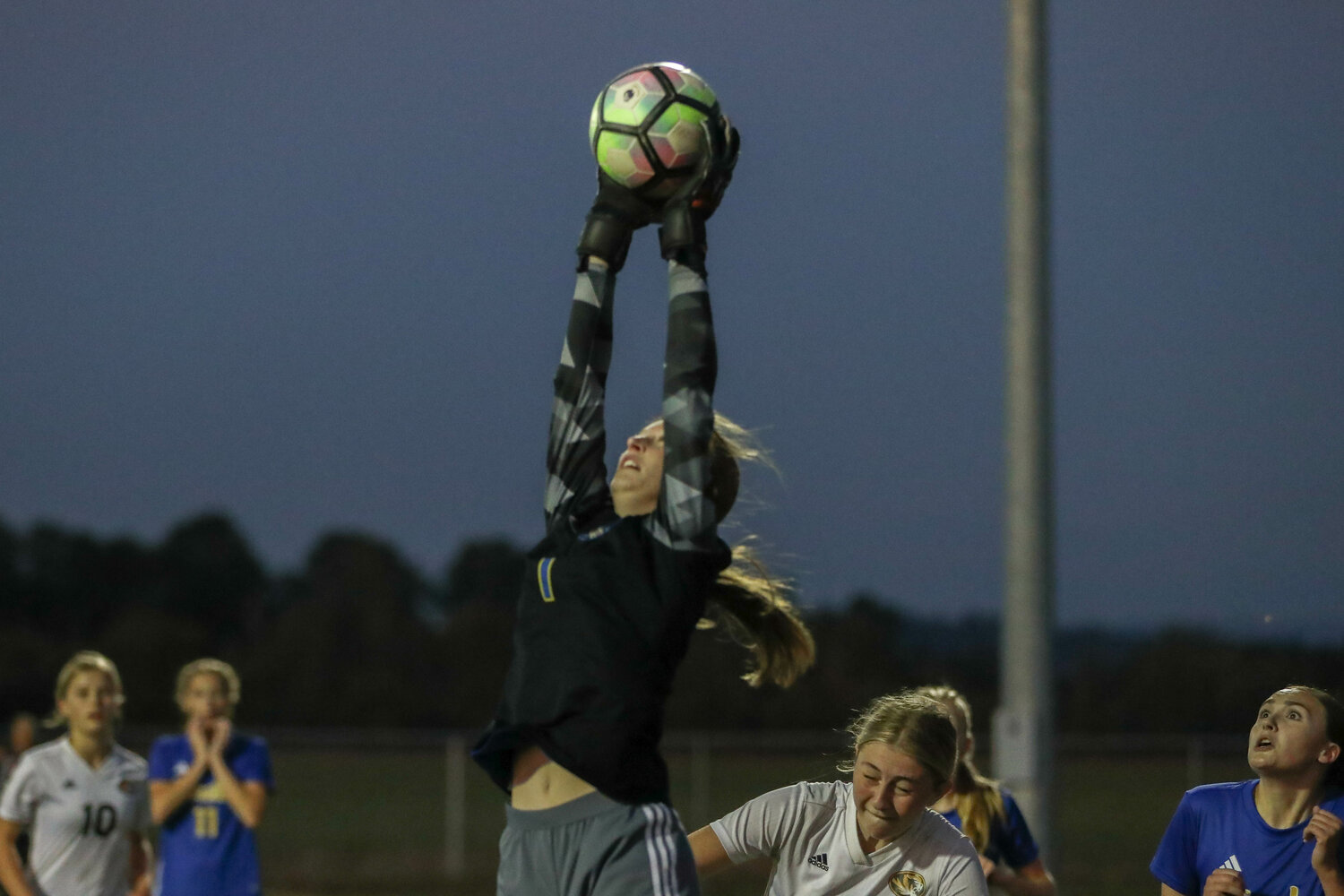 Adna keeper Jordanne Moon goes up to snag a cross late in the Pirates' 1-1 draw with Napavine on Sept. 20.