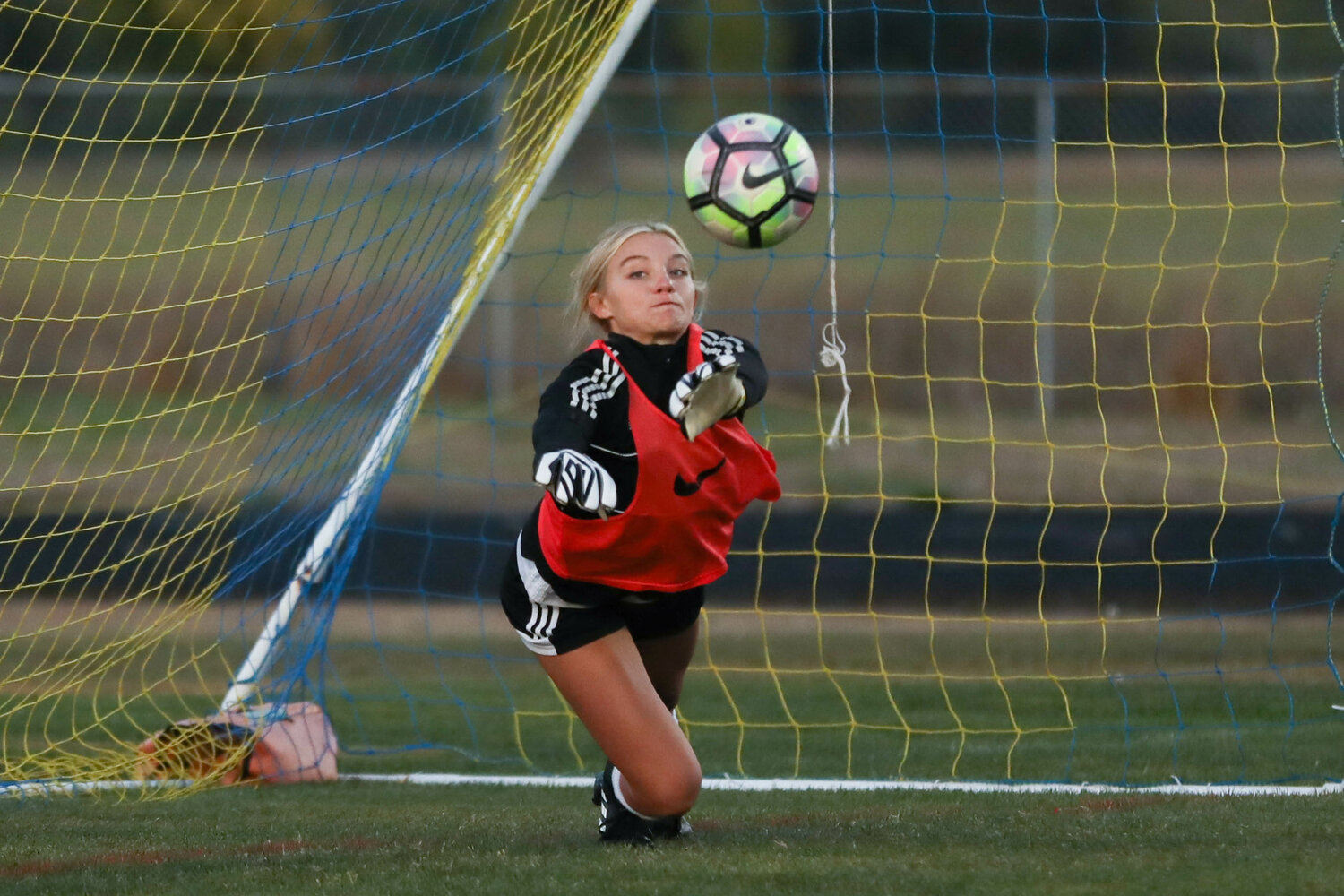 Taylen Evander dives to save Lydia Tobin's penalty kick in the 55th minute of Napavine's 1-1 draw with Adna on Sept. 20.
