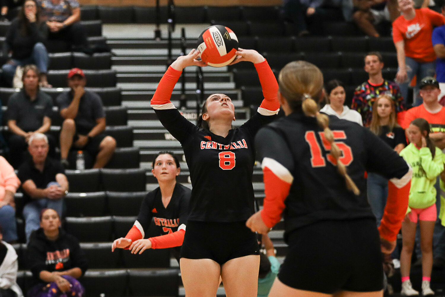 Selah Calkins sets the ball during the second set of Centralia's sweep of W.F. West on Sept. 21.
