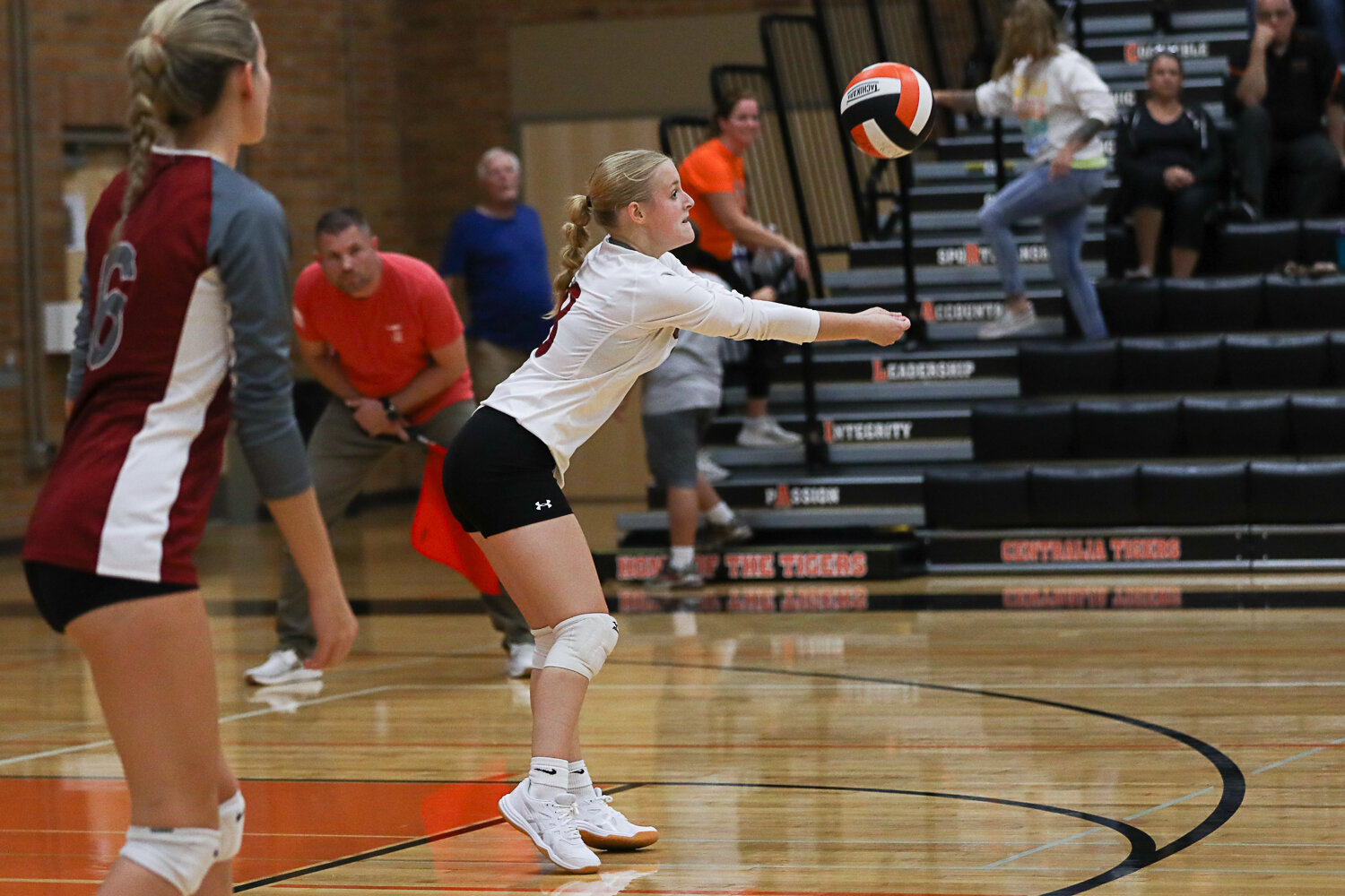 Aubrey Prigmore comes up with a dig during the second set of W.F. West's three-set loss to Centralia on Sept. 21.