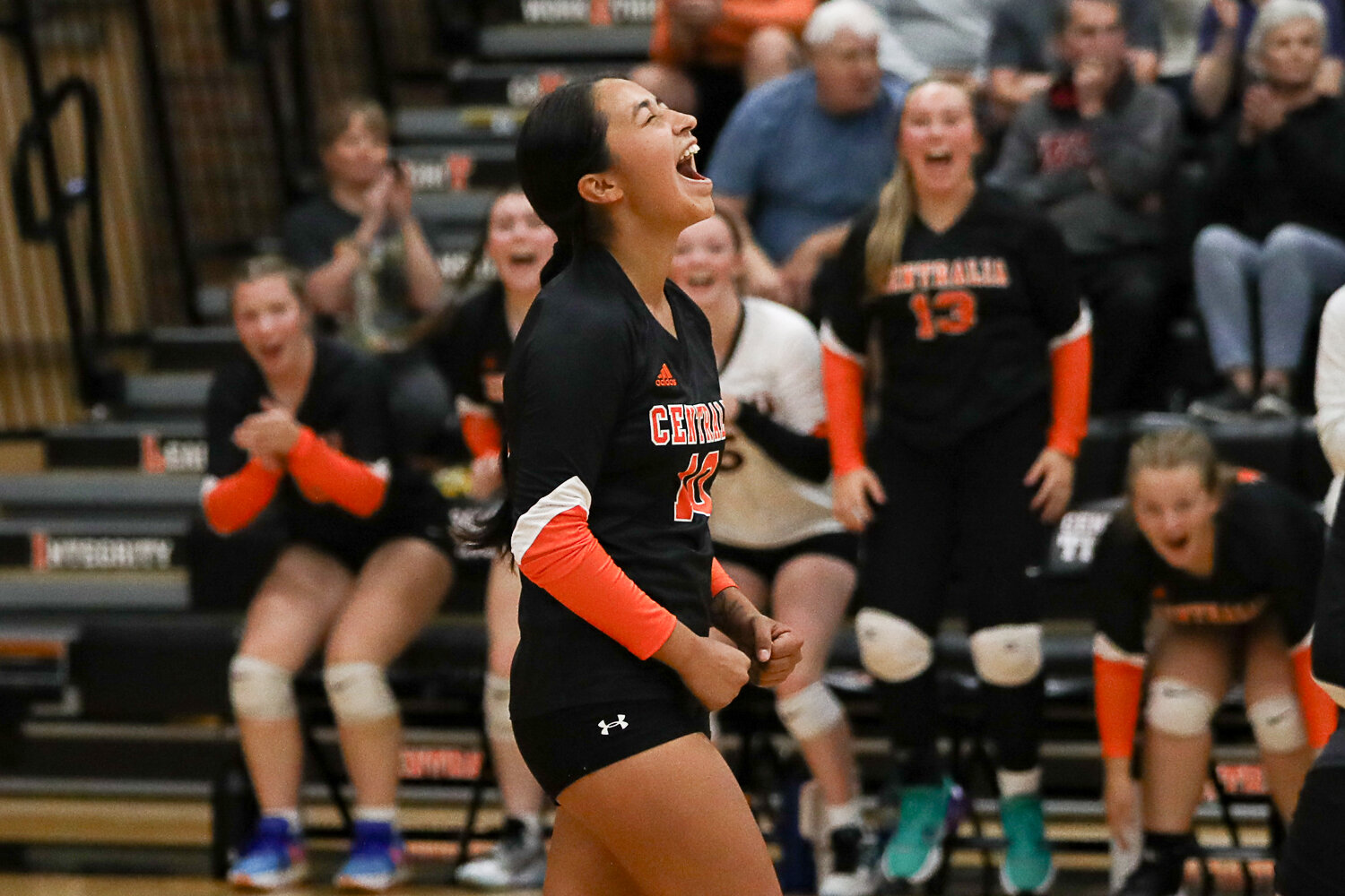 Makayla Chavez celebrates one of her seven aces during Centralia's win over W.F. West on Sept. 21.