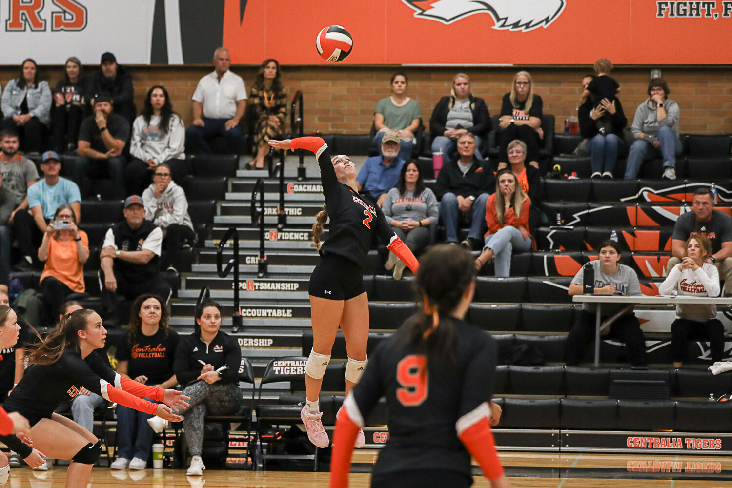 Lauren Wasson takes a swing near the back row during the first set of Centralia's sweep of W.F. West on Sept. 21.