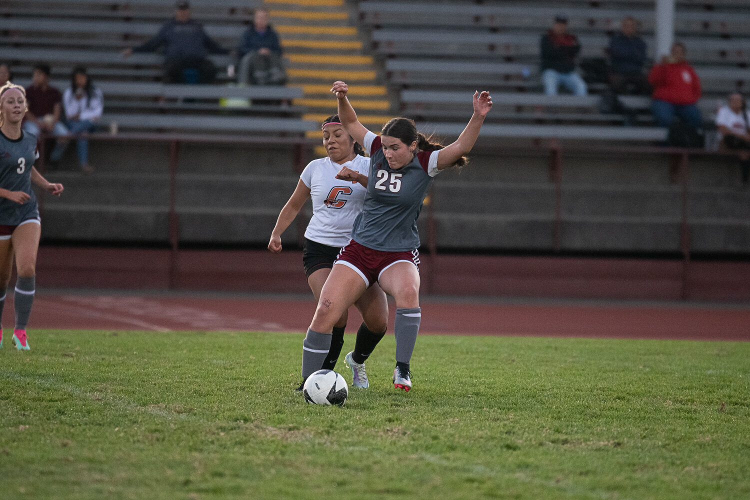 Centralia's Alia Gomez tries to work through W.F. West's Anna Alexander to gain control during Centralia's victory on Sept. 21.