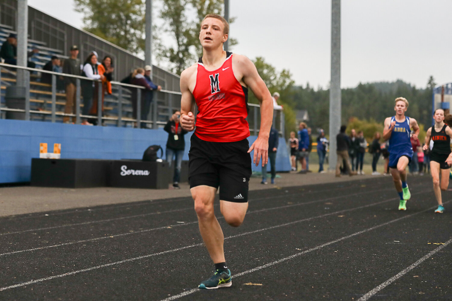 Mossyrock's Ethan Wedam runs the homestretch during a meet at Adna on Sept. 28.