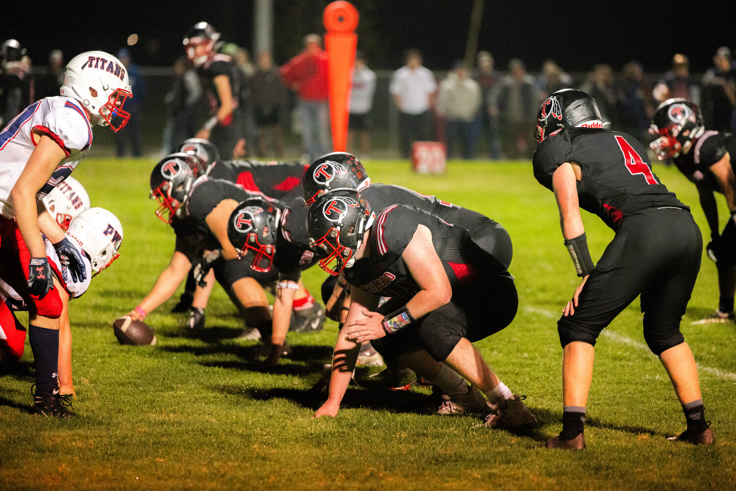 Toledo Riverhawks line up against Pe Ell-Willapa Valley during a football game at Ted Hippi Field on Friday, Oct. 6.