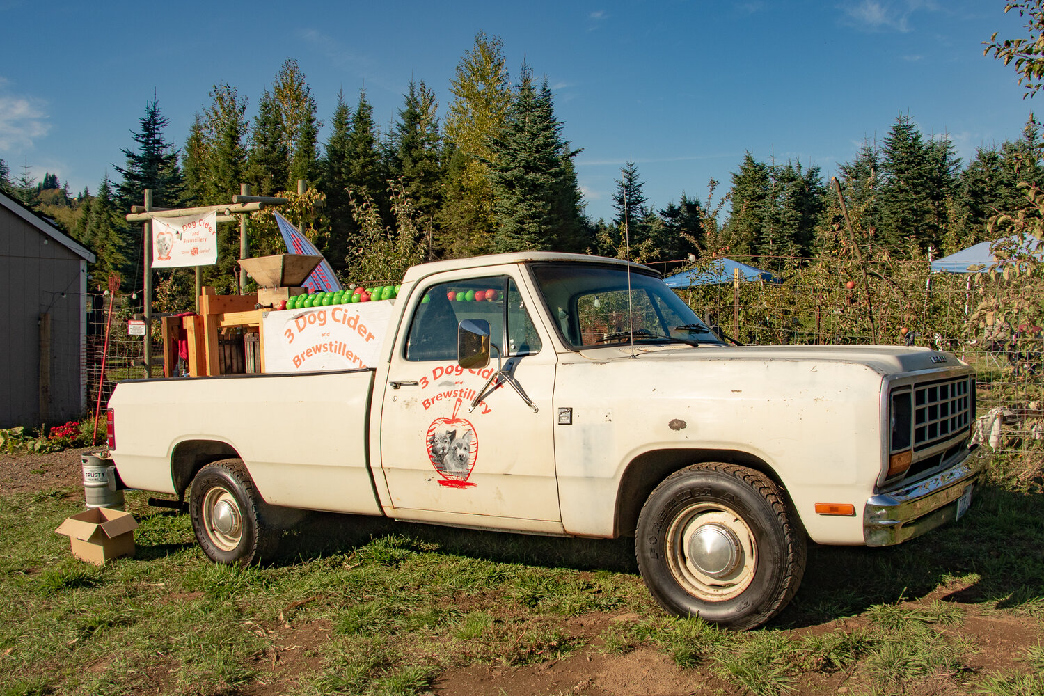 The 3 Dogs Cider and Brewstillery work truck sits parked outside of the apple orchard in Silver Creek during the Onalaska Apple Harvest Festival on Sunday, Oct. 8.