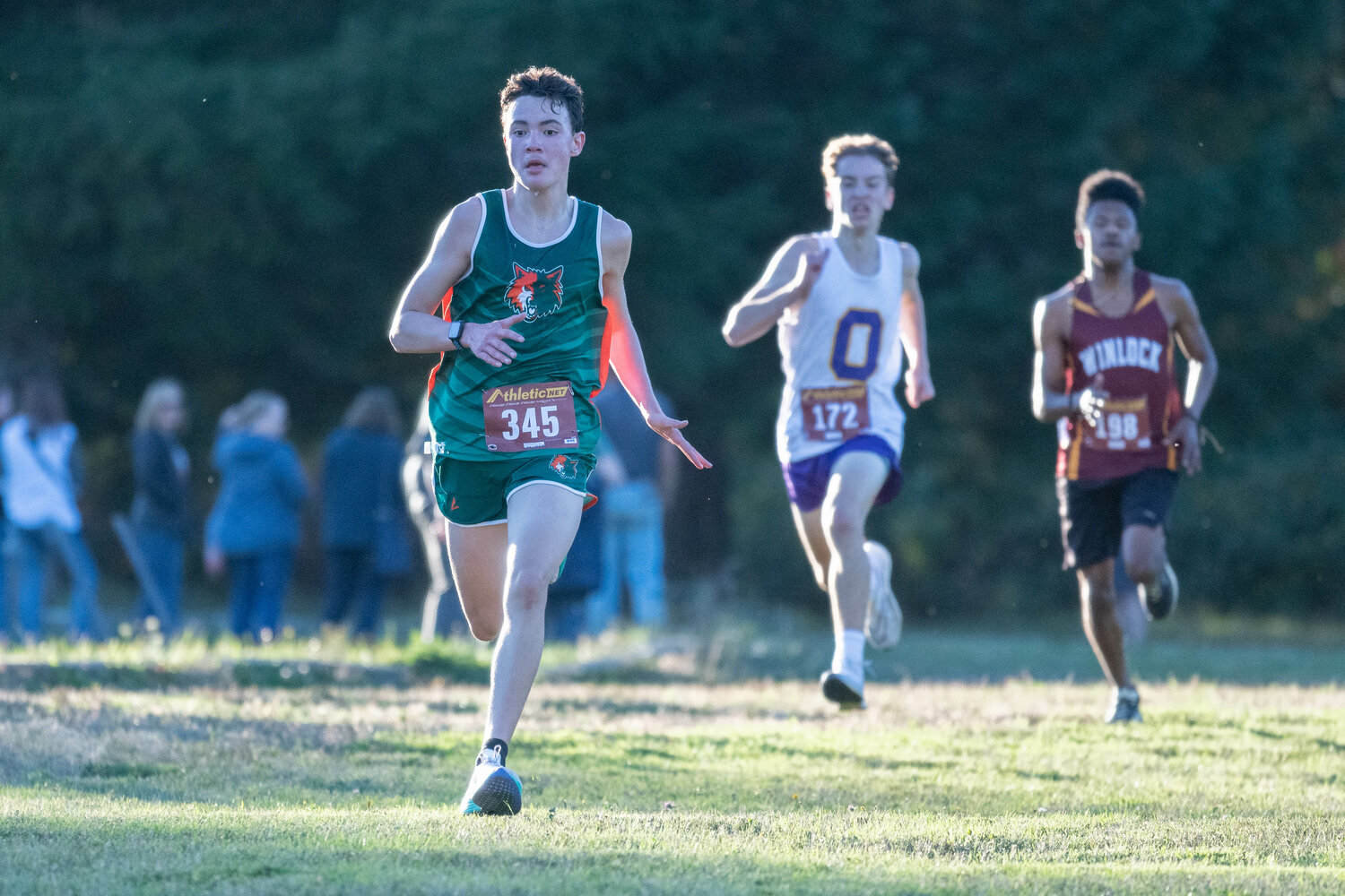 MWP's Aiden Kampa races toward the finish line, just ahead of Onalaska's Cole Russon and Winlock's Xavier Sancho-Carillo at the C2BL championship meet on Oct. 19 in Onalaska.