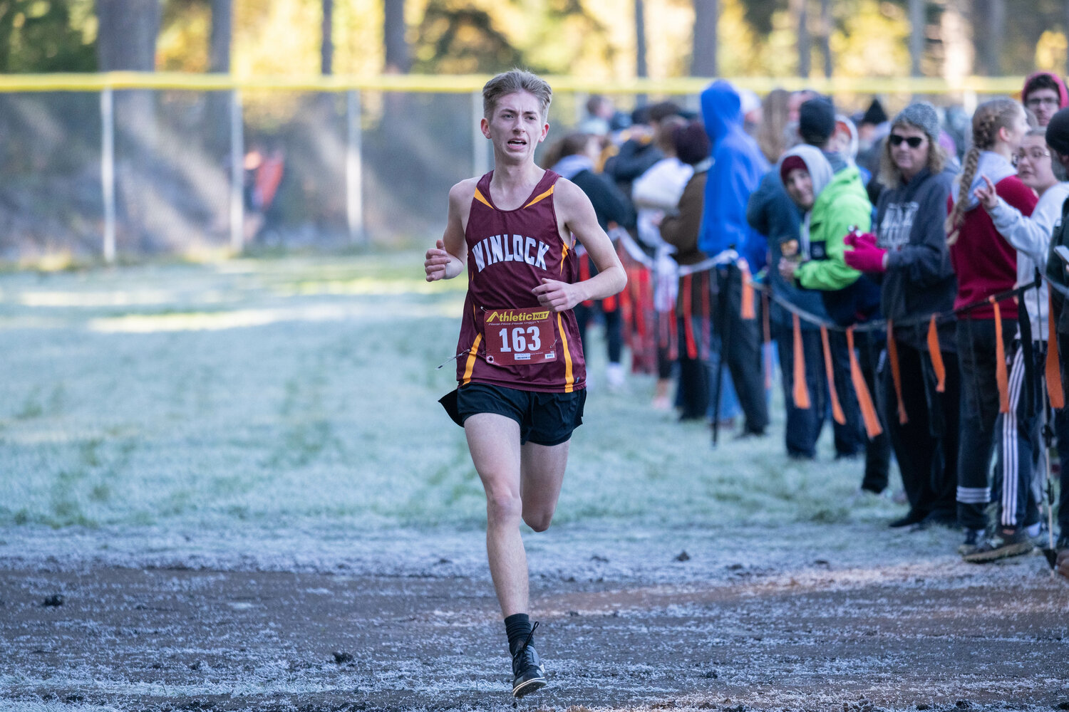 Winlock's Chase Trodahl comes toward the finish line to finish third in the boys' race at the 1B/2B District 4 cross country championship meet on Oct. 28 in Rainier.
